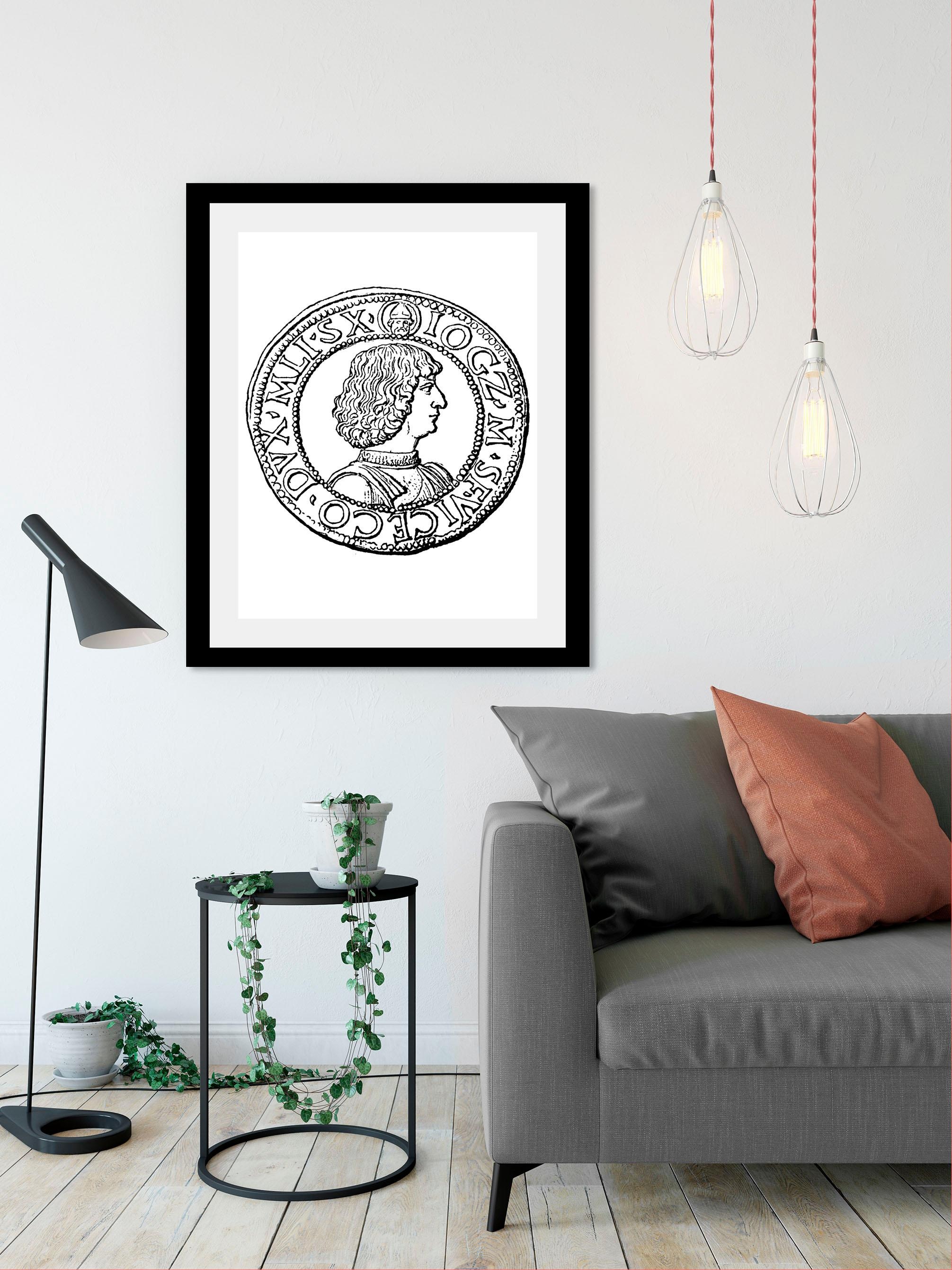 queence Bild »Münze«, Schwarz-Weiß-Historische Persönlichkeiten, HD Premium Poster-Druck inkl. Holzrahmen
