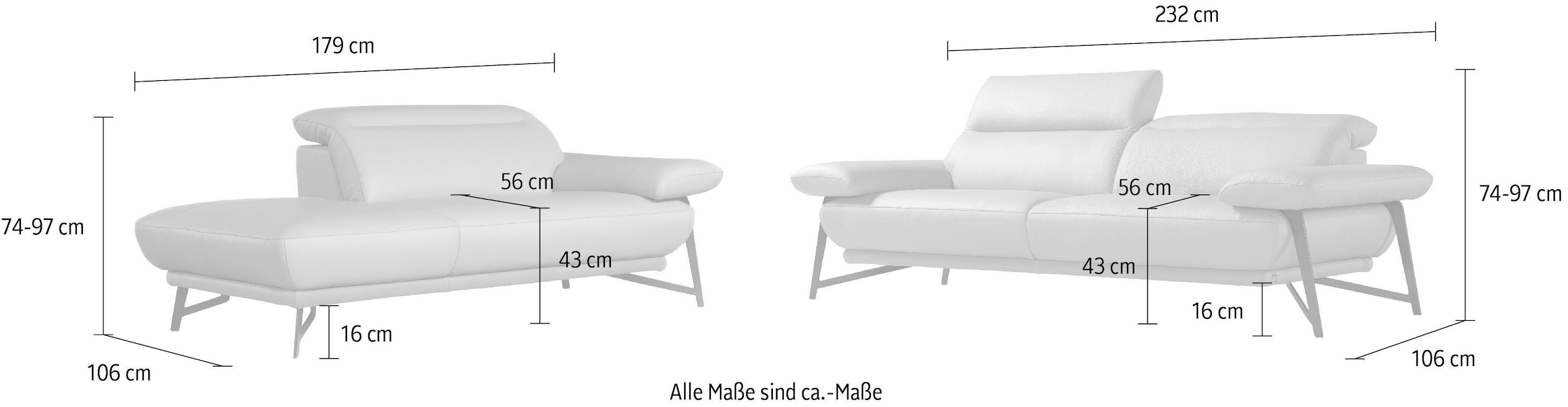 Egoitaliano Sofa »Anais, erstklassiger Sitzkomfort, Fußfarbe chrom«, Set, Kopfteil verstellbar, Leder BACIO, safari
