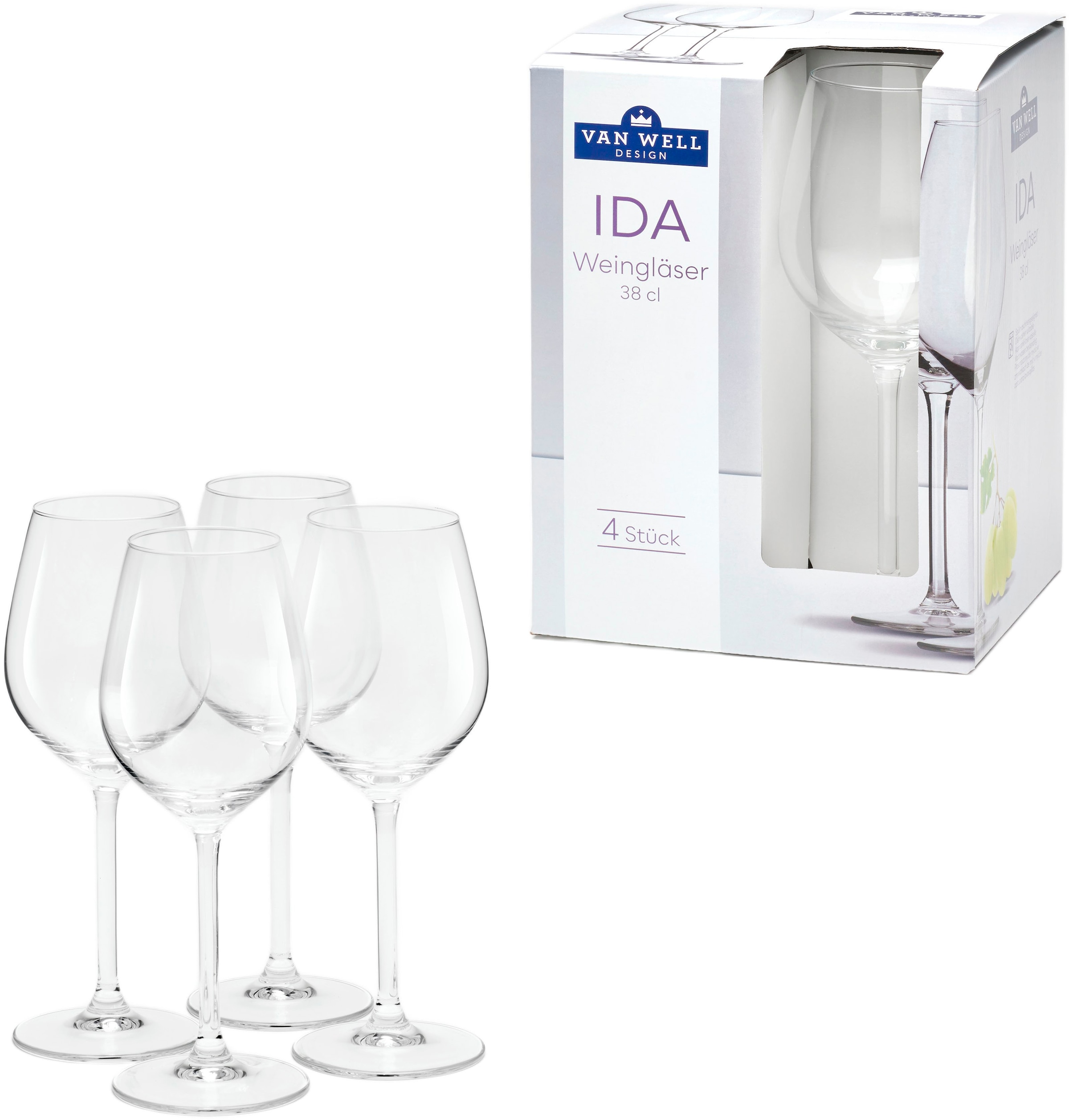 van Well Weinglas »Ida«, (Set, 4 tlg., 4 Weingläser), spülmaschinengeeignet, 38 cl, 4-teilig