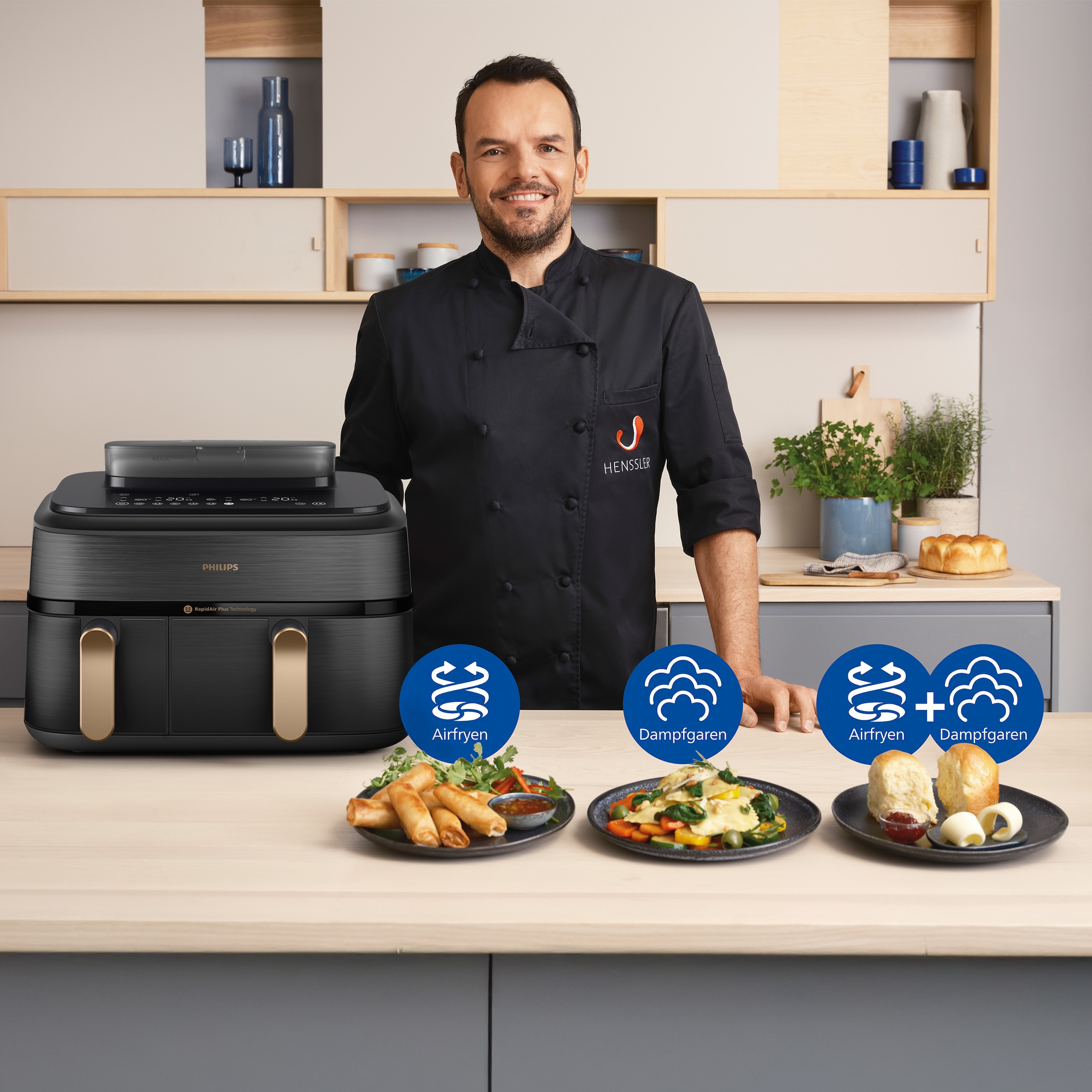Philips Heißluftfritteuse »NA552/00 Steam Airfryer 5000 Series Dual Basket 9L Kapazität (3L+6L)«, 2750 W, mit Dampfgar-Funktion; Schwarz/Kupfer