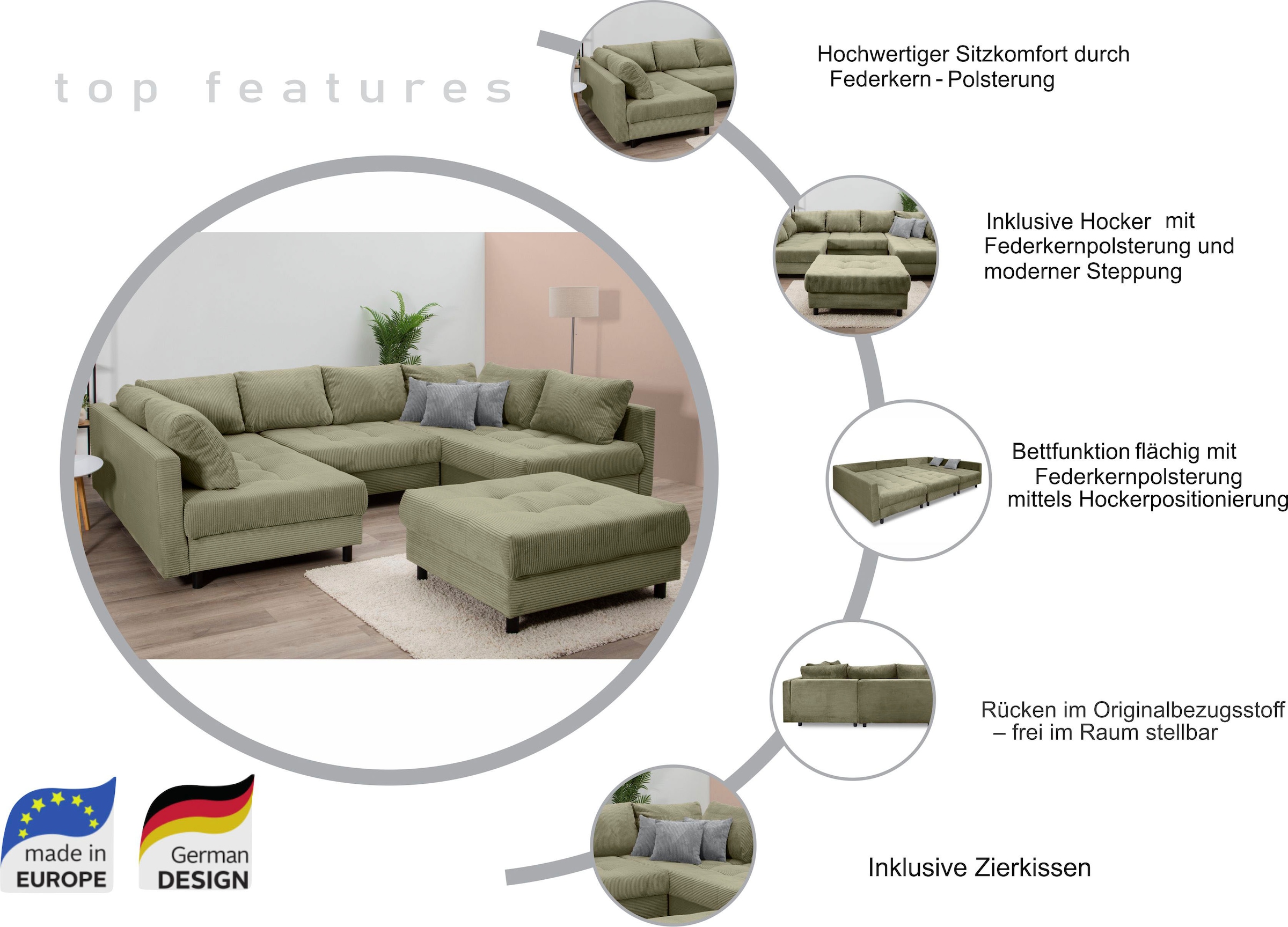 OTTO home Wohnlandschaft »Antonia U-Form, B: 298 cm« Wohnlandschaft, Rückenkissen, 2 ottomane, Komfortablem Bonnelfederkern