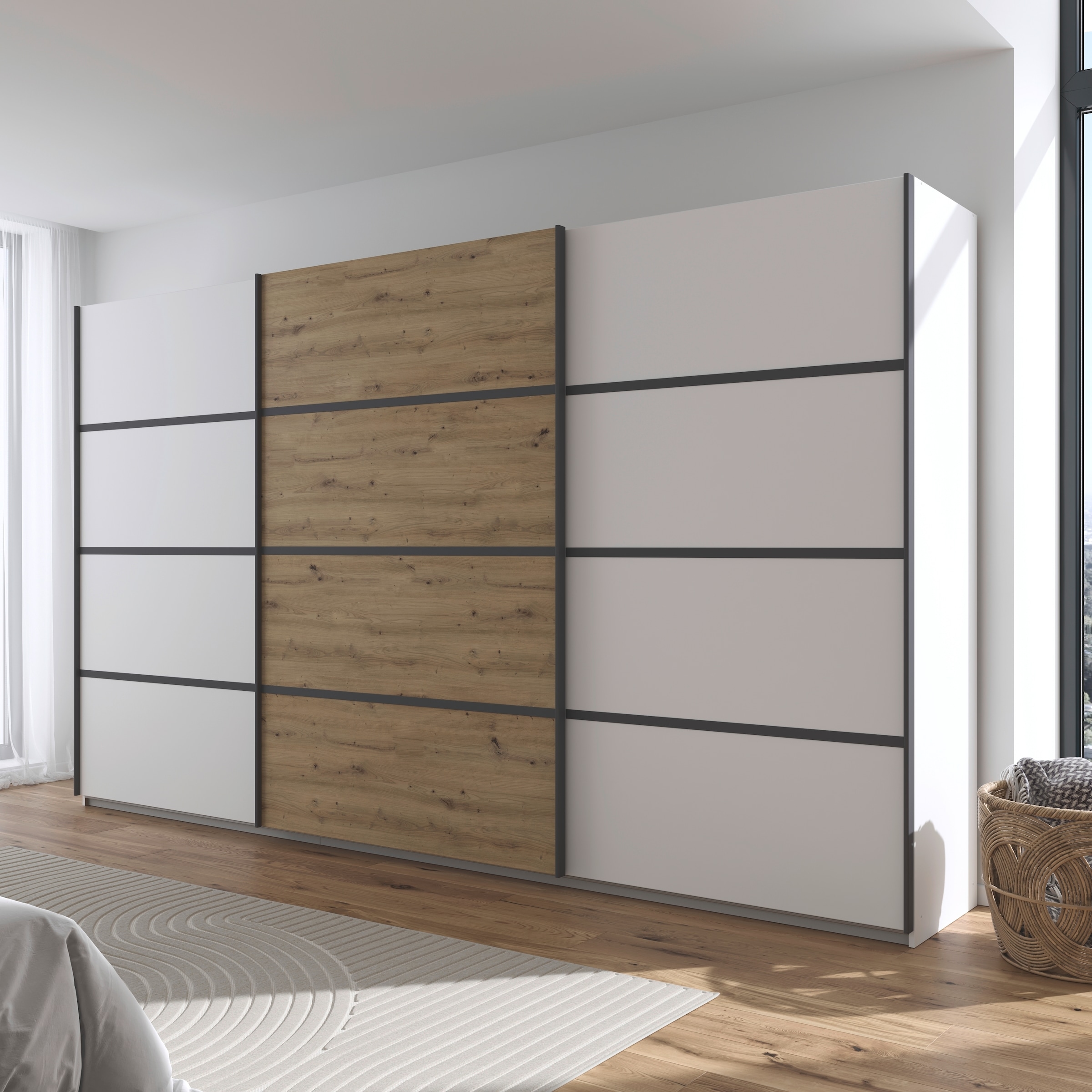 rauch Kleiderschrank »Schwebetürenschrank OTTO´s Choice Garderobe Schrank TOP ANGEBOT Avola«, (in 3 verschiedenen Ausstattungen BASIC/CLASSIC/PREMIUM), mit eleganten Zierleisten in Chrom, Schwarz oder Weiß MADE IN GERMANY