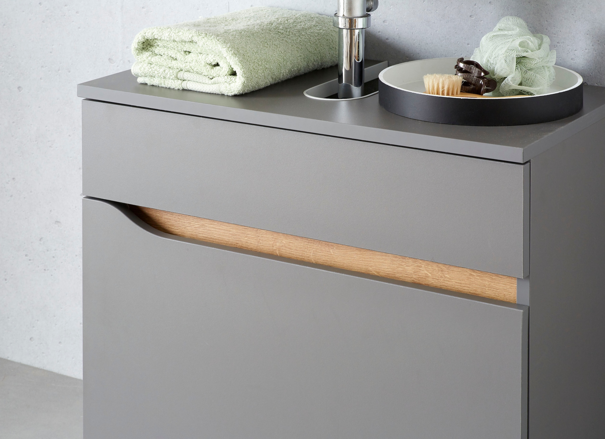 Saphir Waschbeckenunterschrank »Quickset Unterbeckenschrank, 60 cm breit, 1 Schublade«, Waschbeckenschrank mit Siphonausschnitt, ohne Waschbecken, grifflos