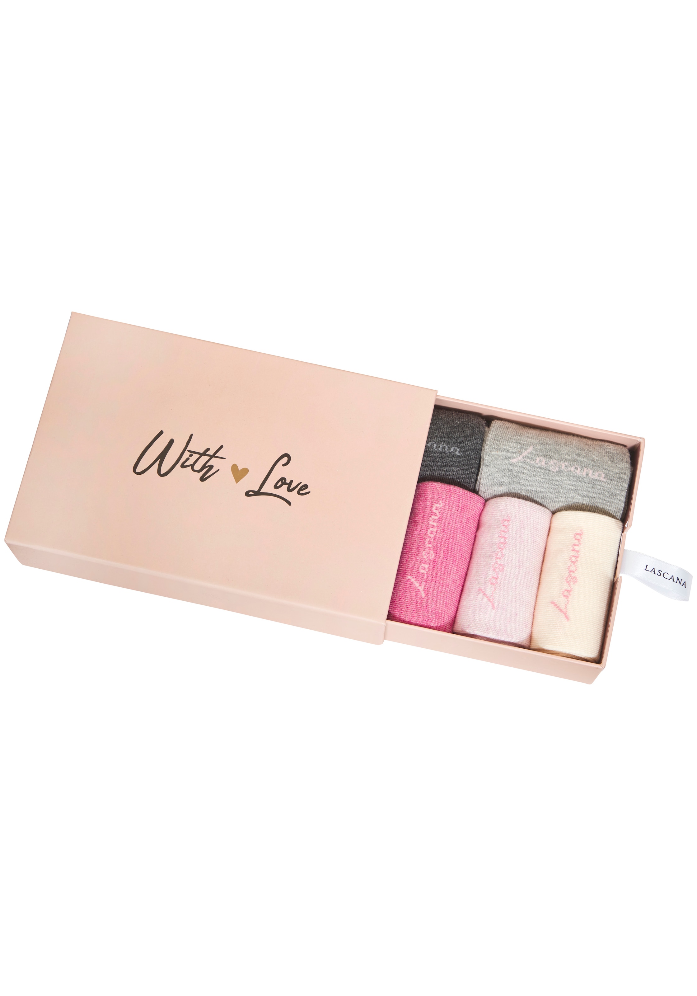 LASCANA Basicsocken »für Damen mit eingestricktem Markenlogo« Box, 7 Stk. tlg. in ansprechender Geschenkbox