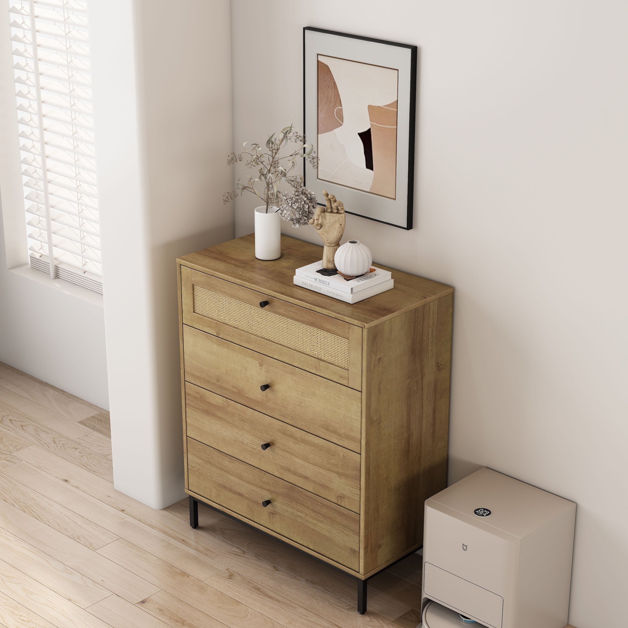 OTTO home Kombikommode »Motala Sideboard Wäscheschrank im BOHO Design Bestseller Kommode« Eichen-Design mit Geflecht Schublade und schwarzen Griffen, 