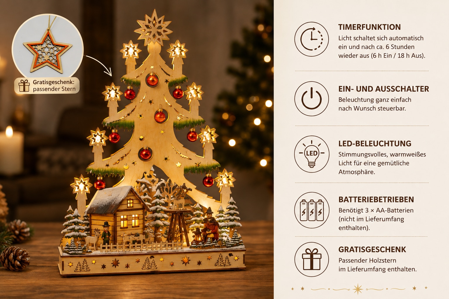 OTTO home Weihnachtsszene »Fensterdeko Baum mit Dorf« LED-Lichtbaum, Zeitschaltuhr, mit roten echten Glaskugeln verziert