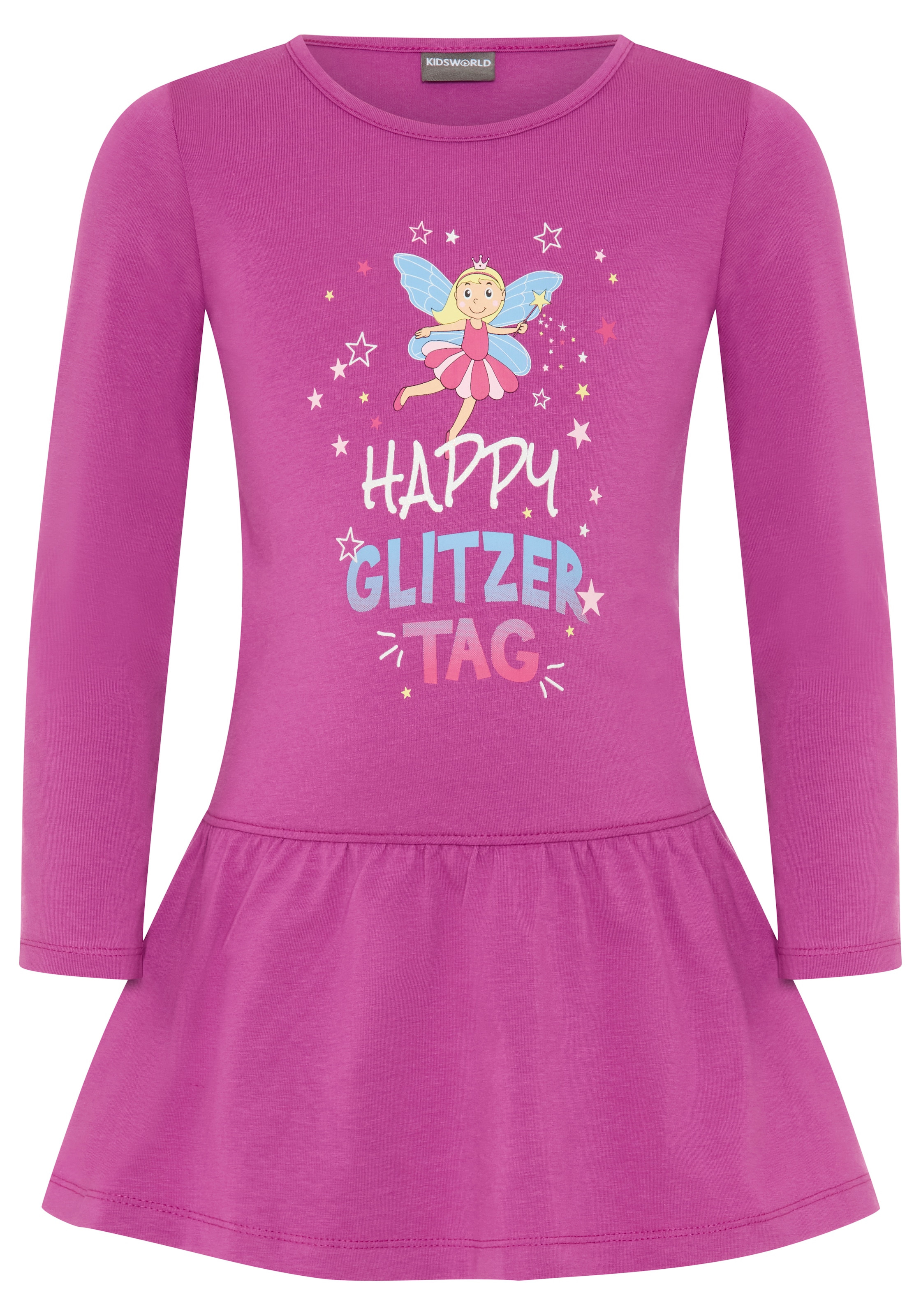 KIDSWORLD Jerseykleid »mit Spruch: HAPPY GLITZER TAG« Shirtkleid mit Feenprint, kniefreie Länge,  verspielter Look