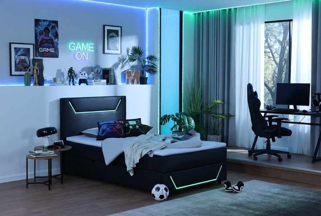 Home affaire Boxbett »GALAXY inkl. Bettkasten, mit grüner LED-Beleuchtung, Breite: 120cm« Gamingbett mit USB-C und USB-A Anschluss am Kopfteil, inkl. Topper