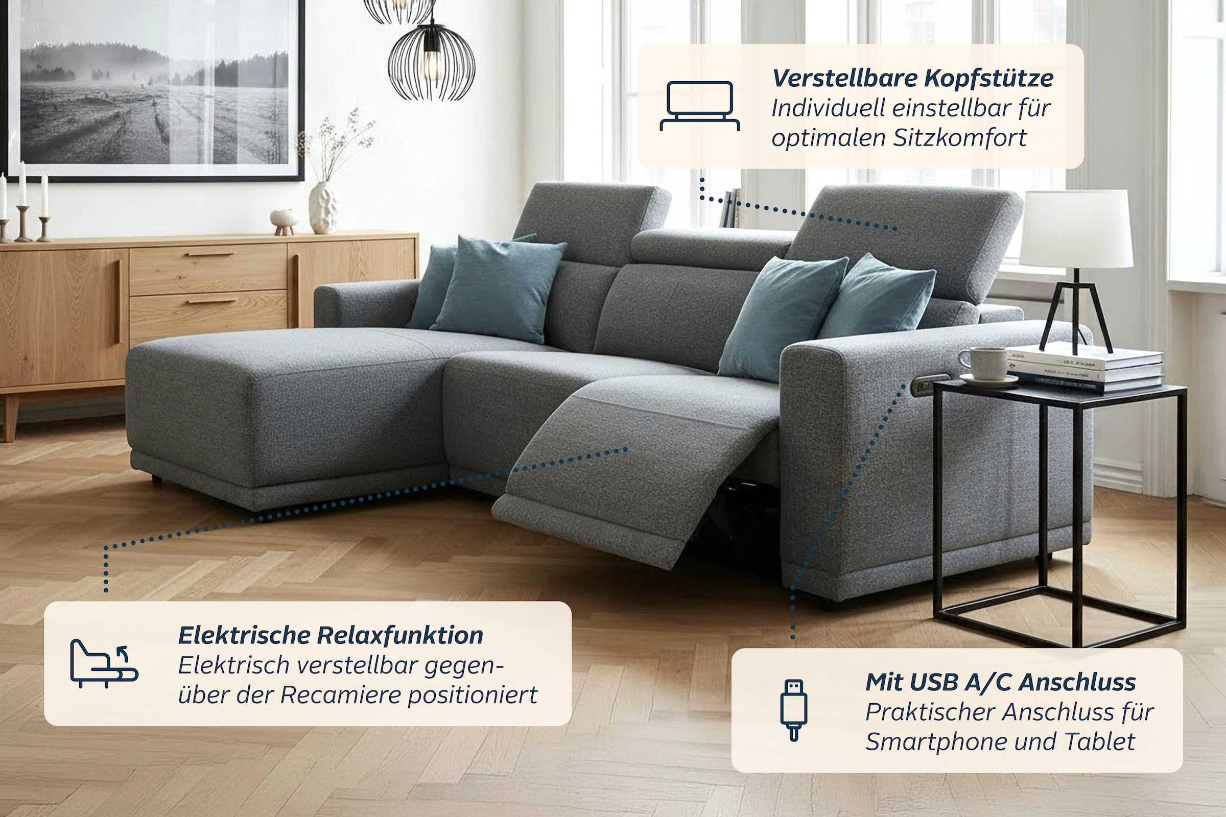OTTO home Ecksofa »LEOO« mit USB A/C-Anschluss. Federkern, verstellbaren Kopfstützen, Webstoff