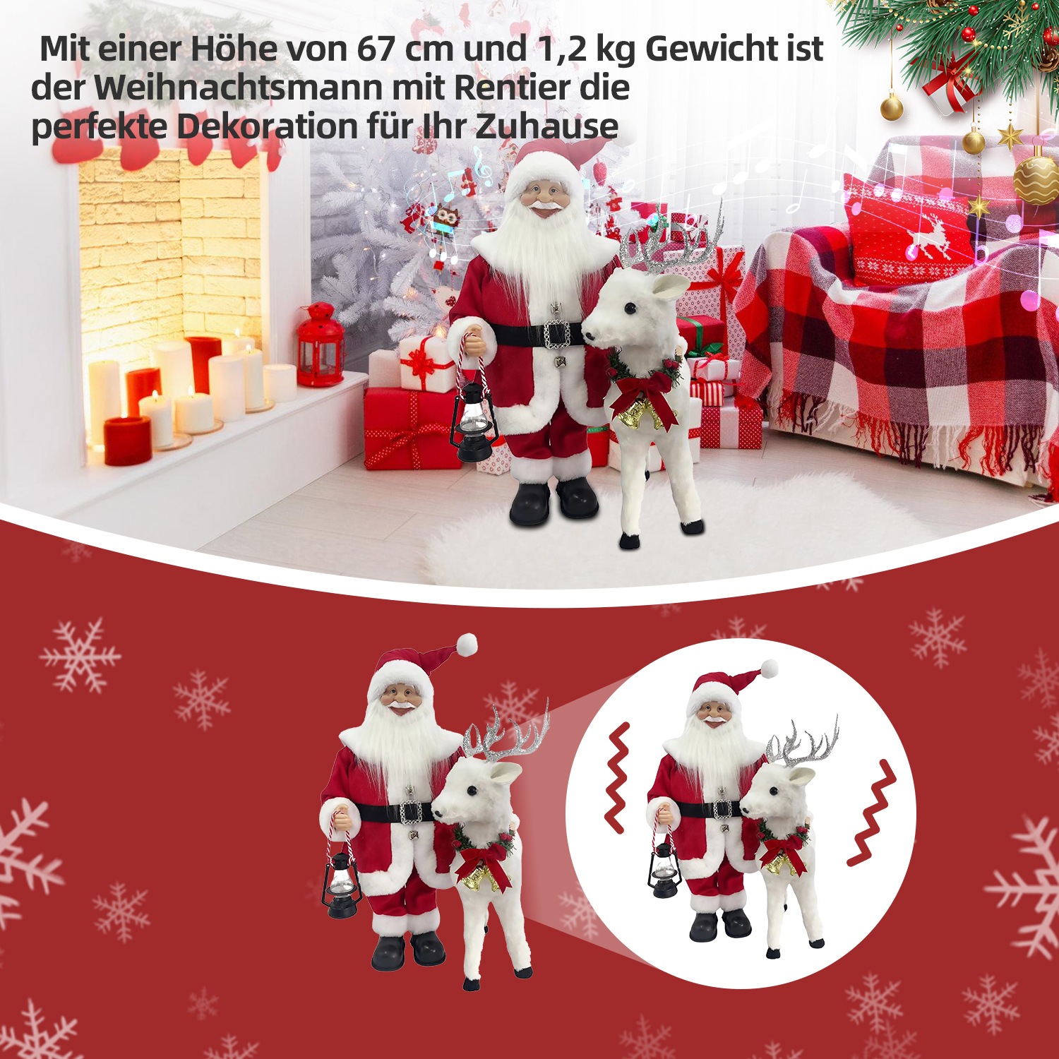 SHX Weihnachtsmann »Animierter Weihnachtsmann mit Rentier«, Bewegung, Soundeffekte