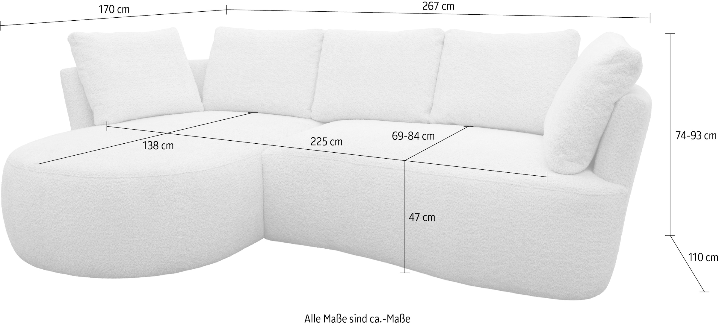 DOMO collection Ecksofa »Lumin, B/T: 267/170 cm, abgerunde Form, charmantes Design, cozy chic« Mit Federkern und 5 Rückenkissen ausgestattet