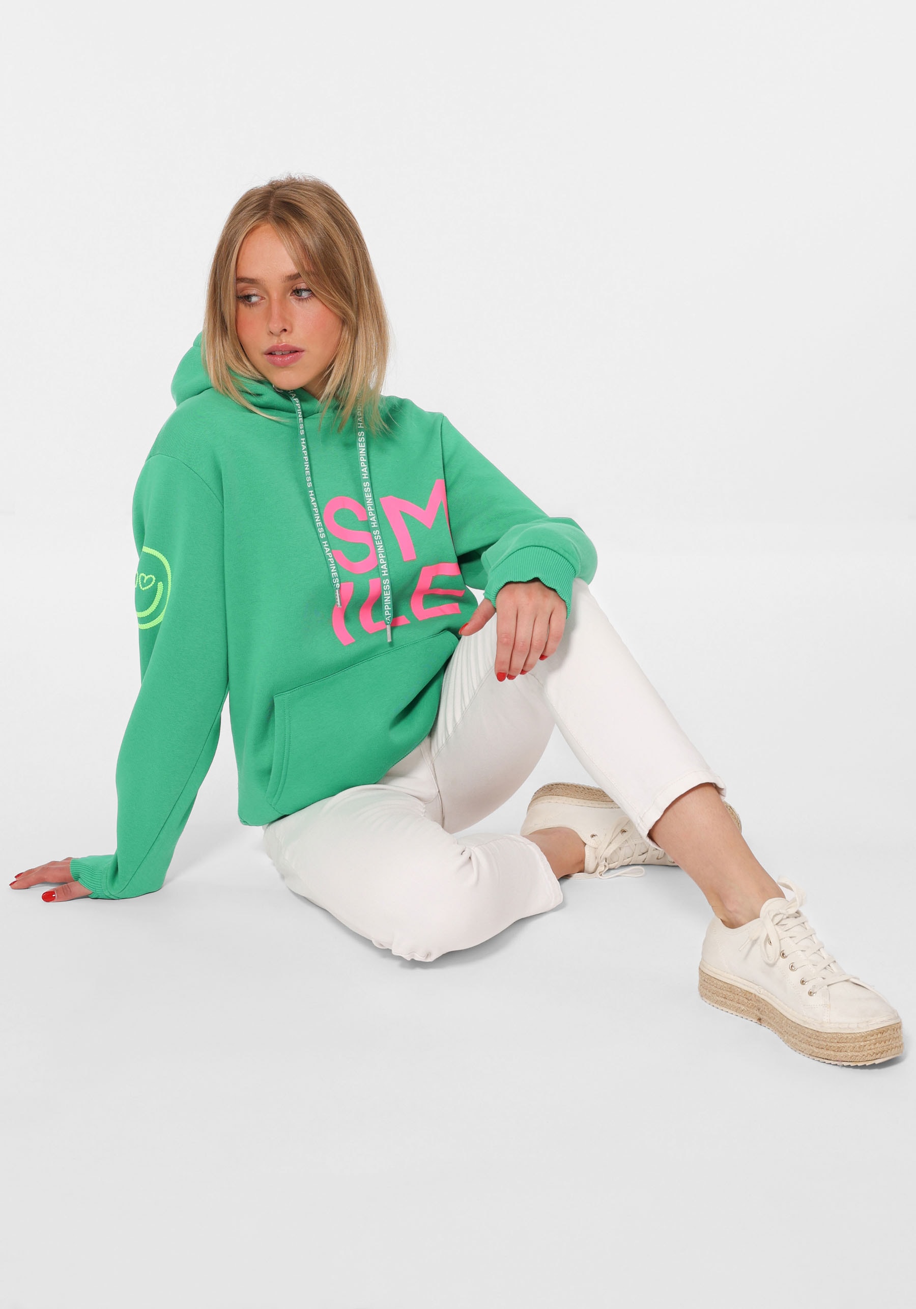 Zwillingsherz Kapuzensweatshirt, mit gesticktem Neon Smiley und Kordel mit Schriftzug