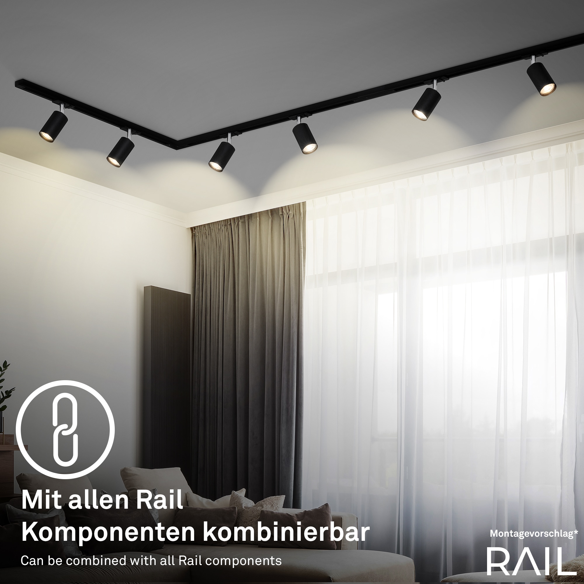 Briloner Leuchten Schienensystem-Sets »RAIL« GU10 9 Stk. Schienensystem Rail 1,5 m Schwarz max. 9W Decke Wohnzimmer Büro Küche