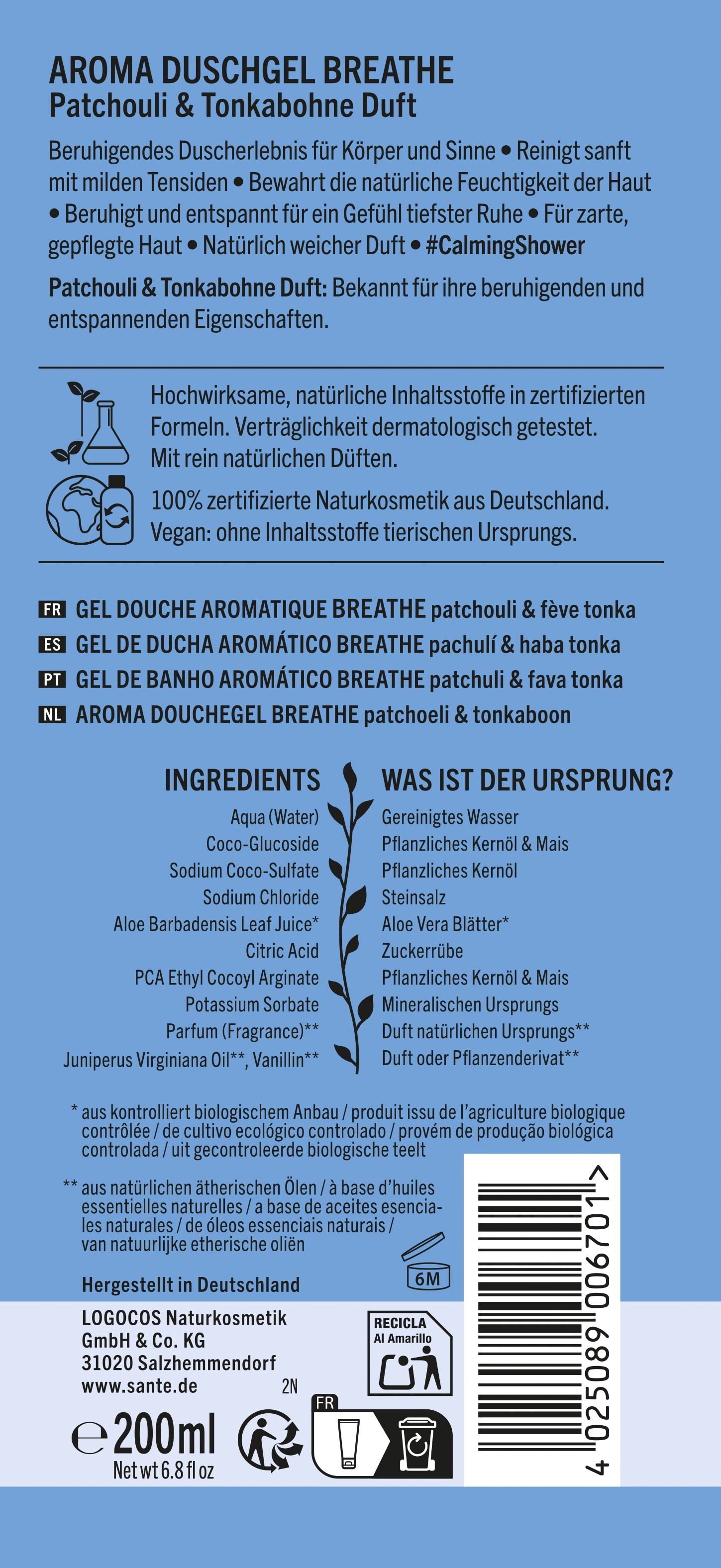 SANTE Duschgel »Breathe Patchouli & Tonkabohne« für alle Hauttypen, vegan, ohne Zusatz von synthetischen Duftstoffen