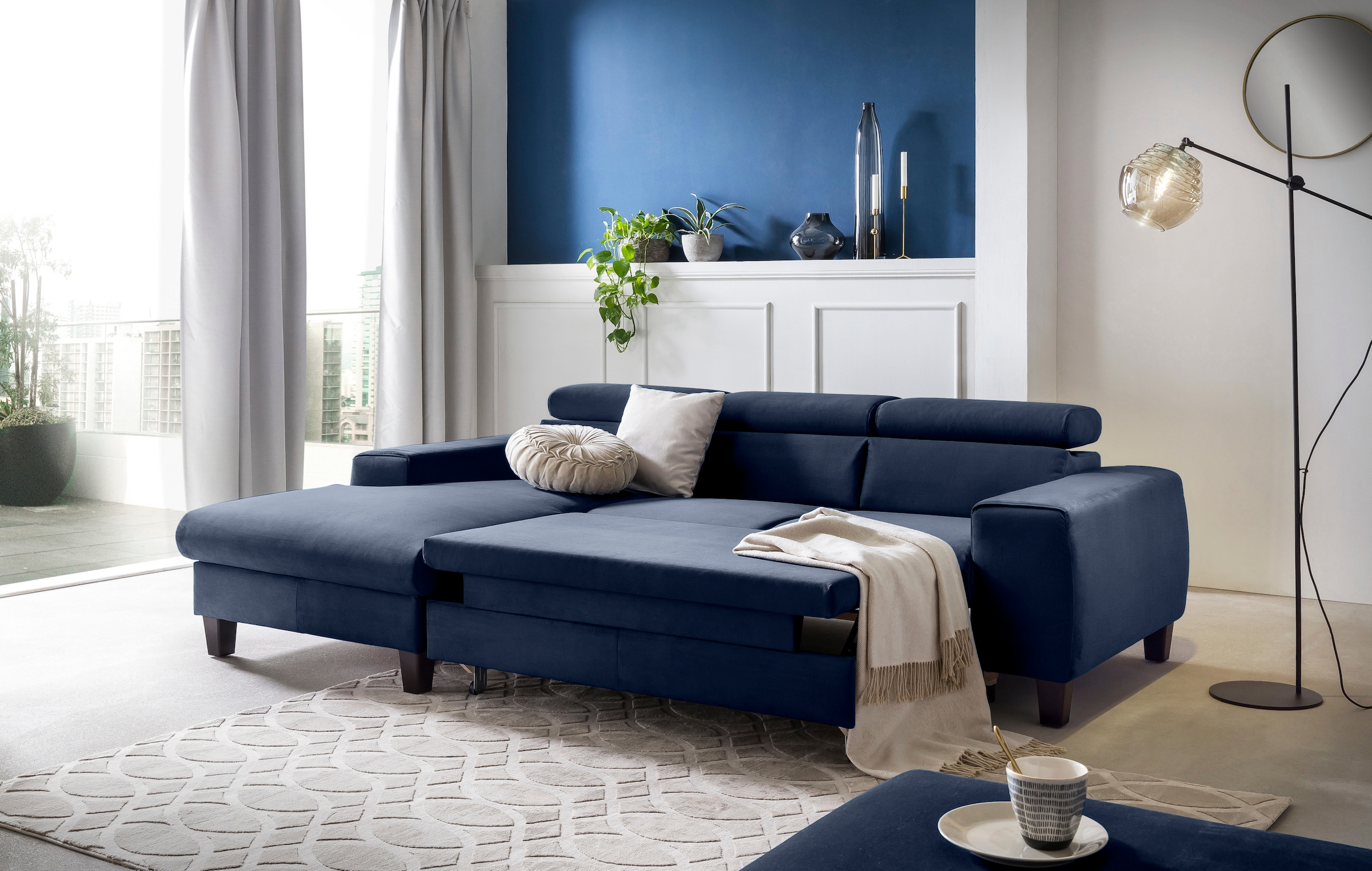 COTTA Ecksofa »Morven L-Form mit Kopfteilverstellung«, wahlweise mit Bettfunktion, Bettkasten & Wireless-Charger