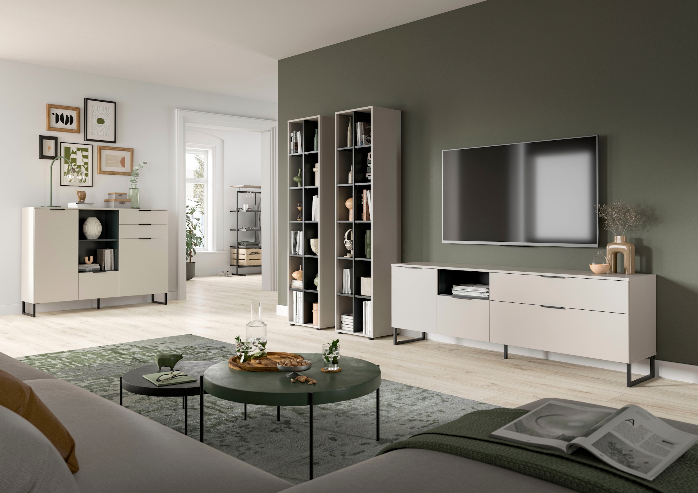 Home affaire Wohnwand »ADIO, Breite 305 cm, 3-teiliges Set, mit Metall-Kufenfüße« Set, bestehend aus: 2x Standregal und Lowboard, 3 Stk. tlg.