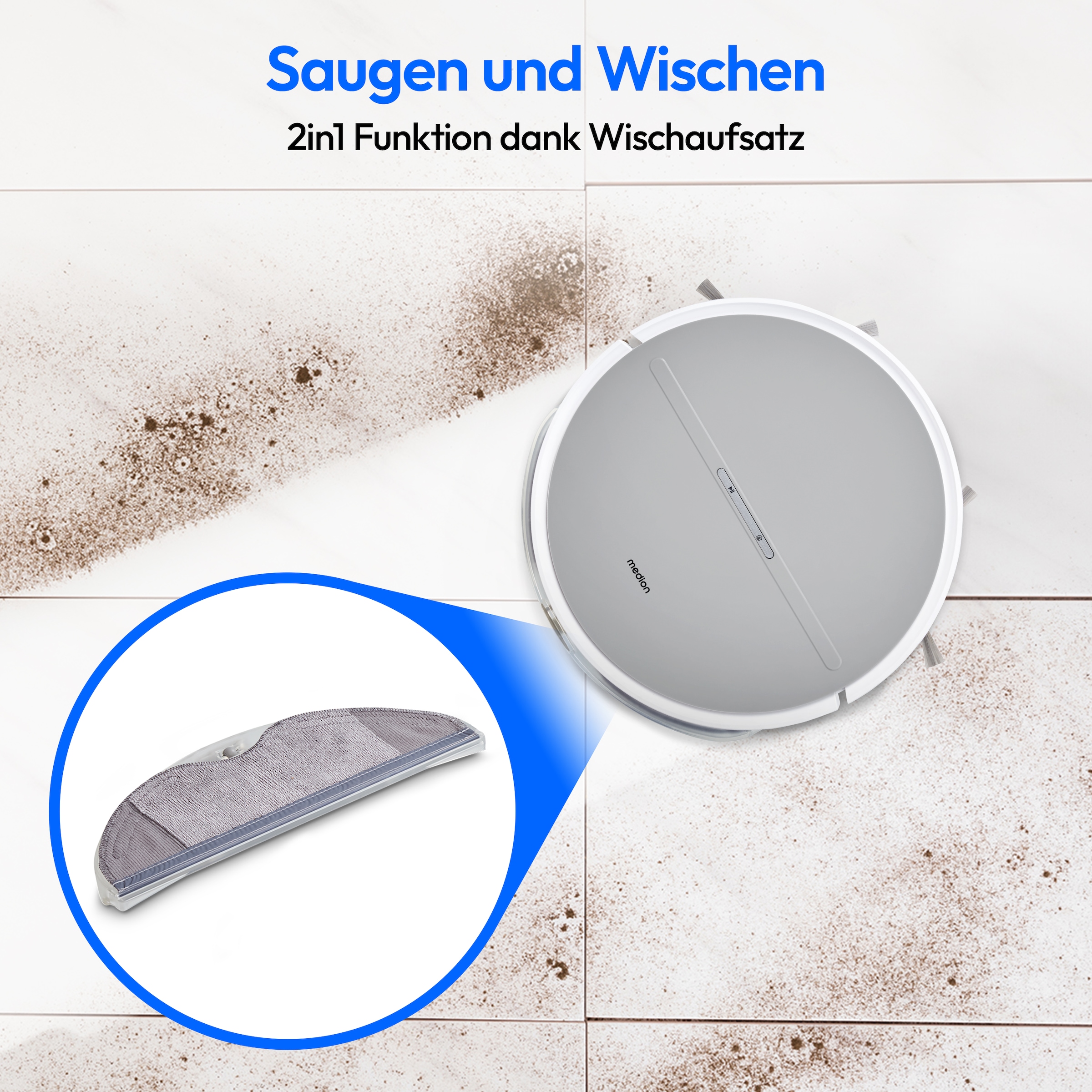 Medion® Saugroboter »E35 SW (MD 18035), Gyro-Navigation in S-Linien, 2 kPa Saugleistung«, Wischfunktion, 120 min Laufzeit, integriertes Zubehör