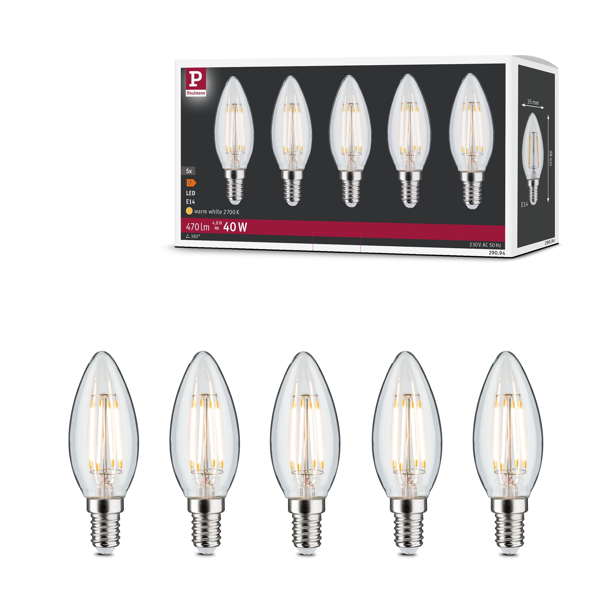 Paulmann LED-Leuchtmittel »5er Pack Kerze 470lm 2700K klar 230V« E14 5 Stk. Warmweiß