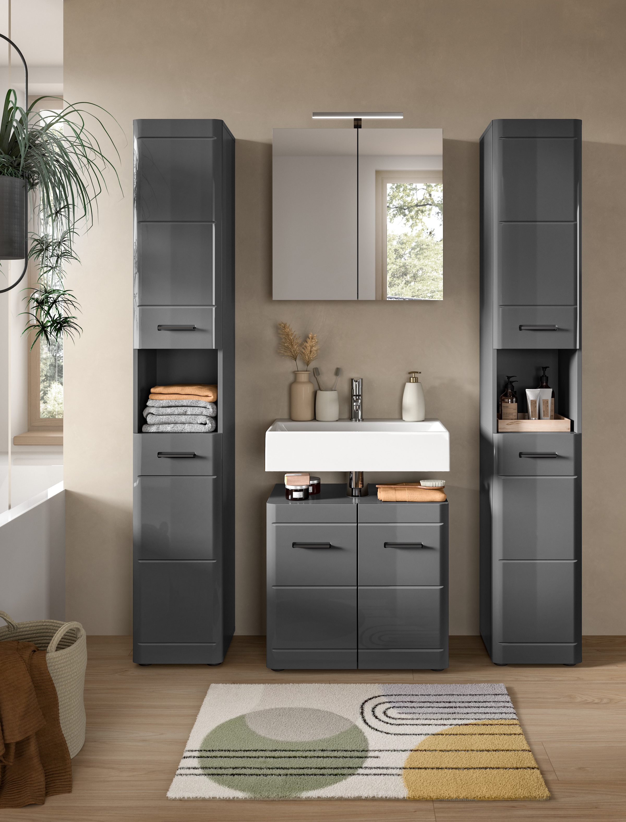 welltime Hochschrank »Doux, Höhe 180 cm, 2 Türen, 1 offenes Fach, 3 Einlegeböden«, Türanschlag wechselbar, MDF Front, Badschrank, Bad-Möbel, Badezimmer