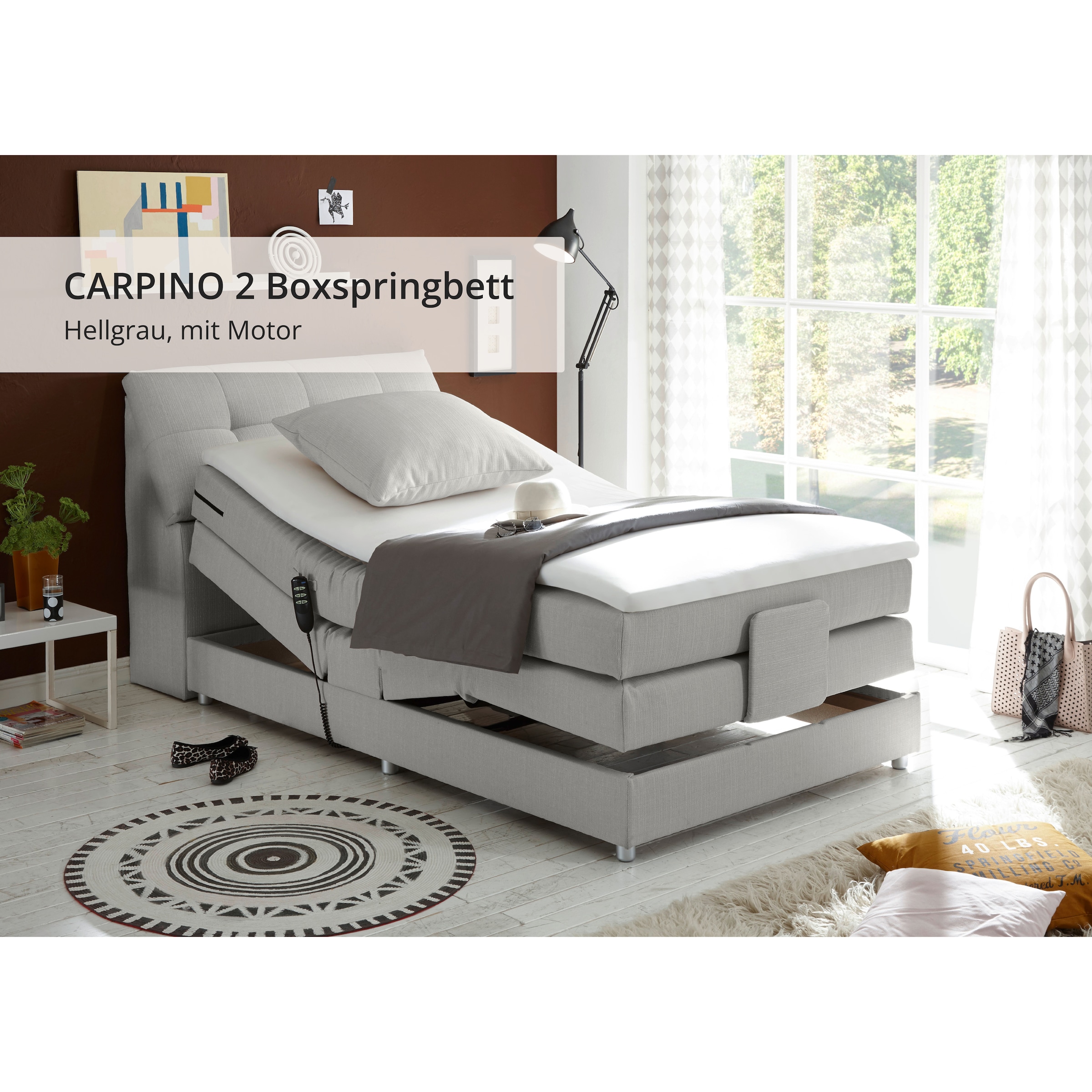 ED EXCITING DESIGN Boxspringbett »Carpino wahlweise in den Breiten 120cm oder 180cm erhältlich« inkl. Motor, Stauraum im Kopfteil und Topper