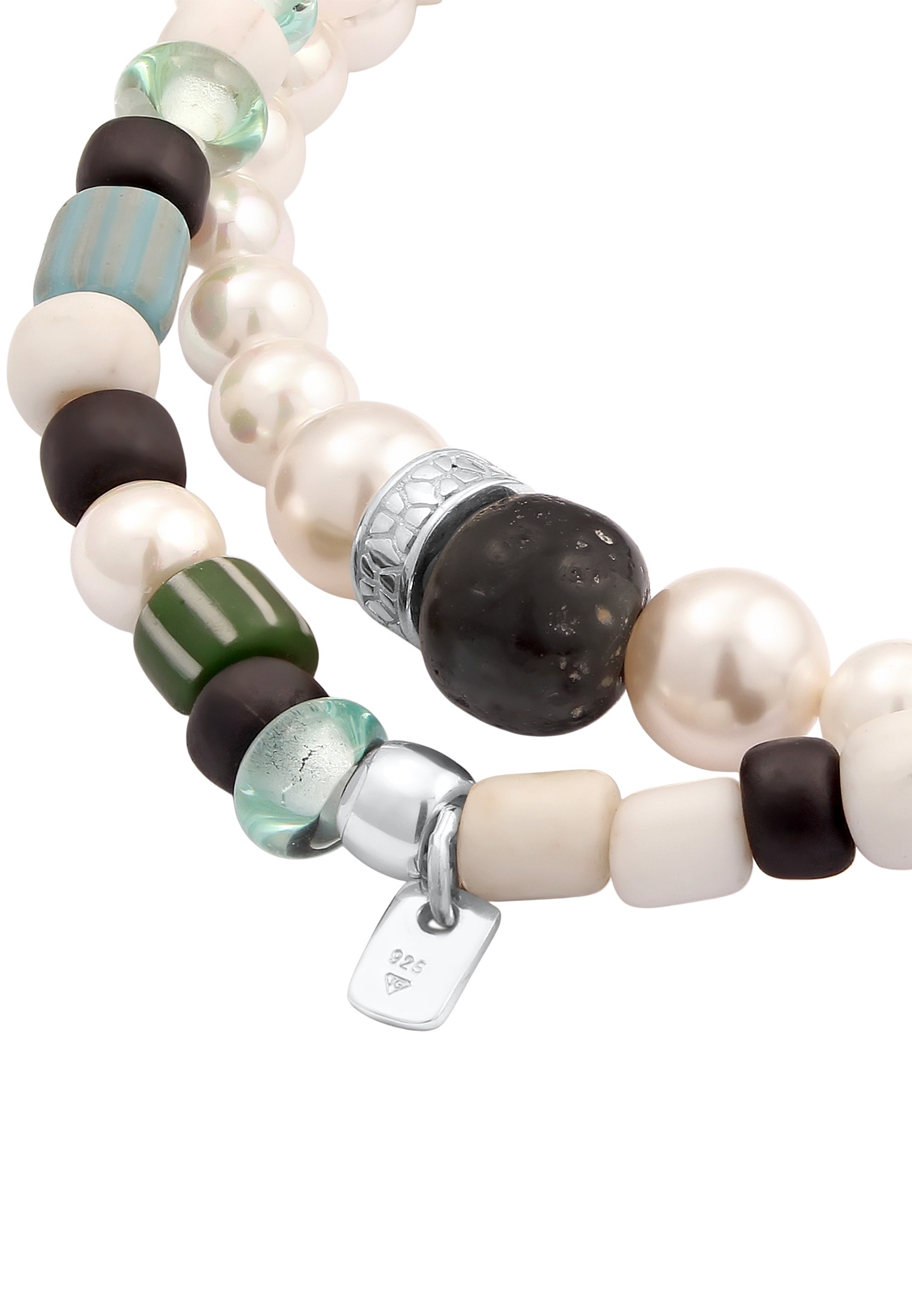 Kuzzoi Lederarmband »Armband Set Glas Bead Muschelkern Perle Weiß 925 Sterling Silber«