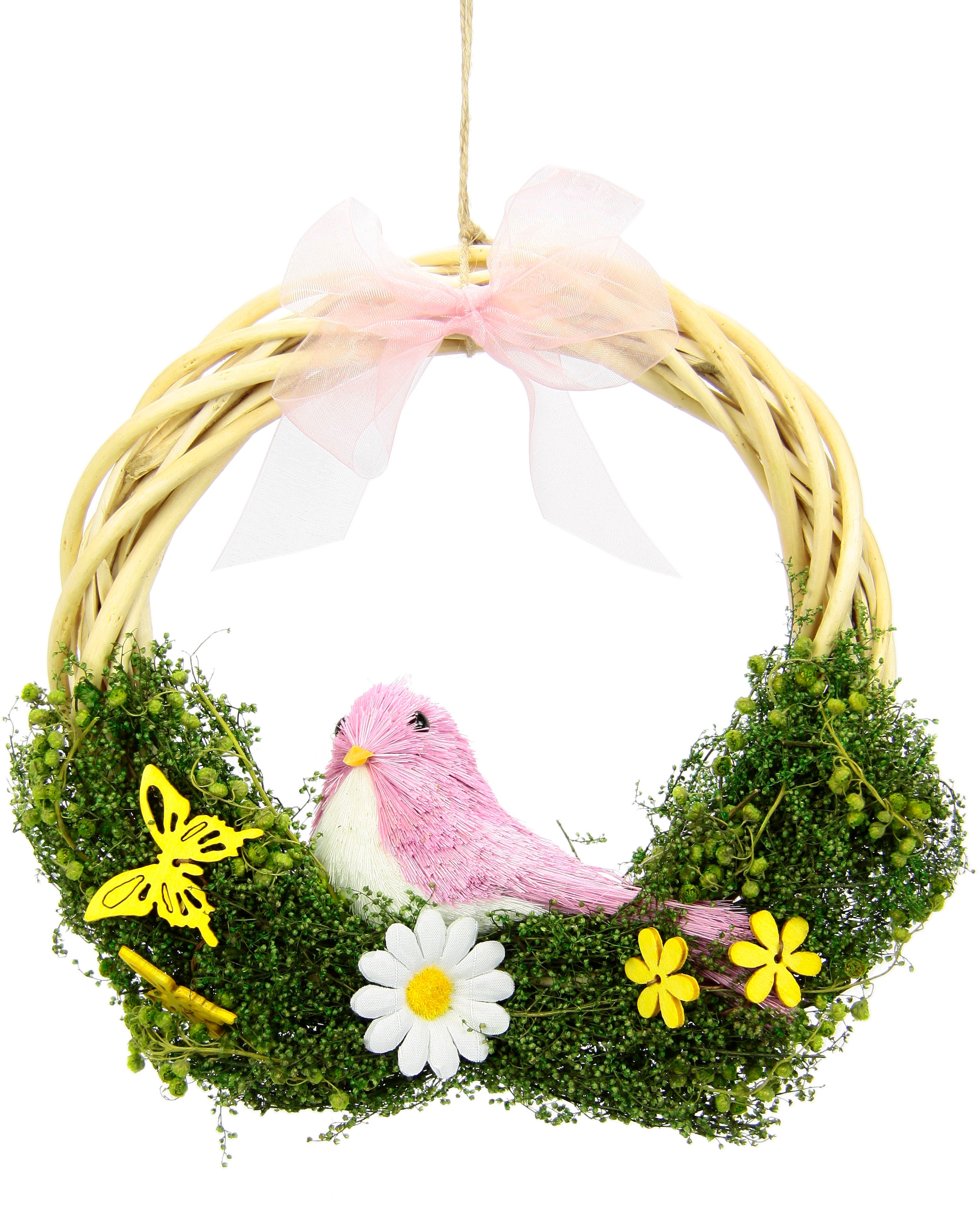 I.GE.A. Kunstkranz "Mit Blüten, Vogel und Schleife" aus Rattan, Türkranz