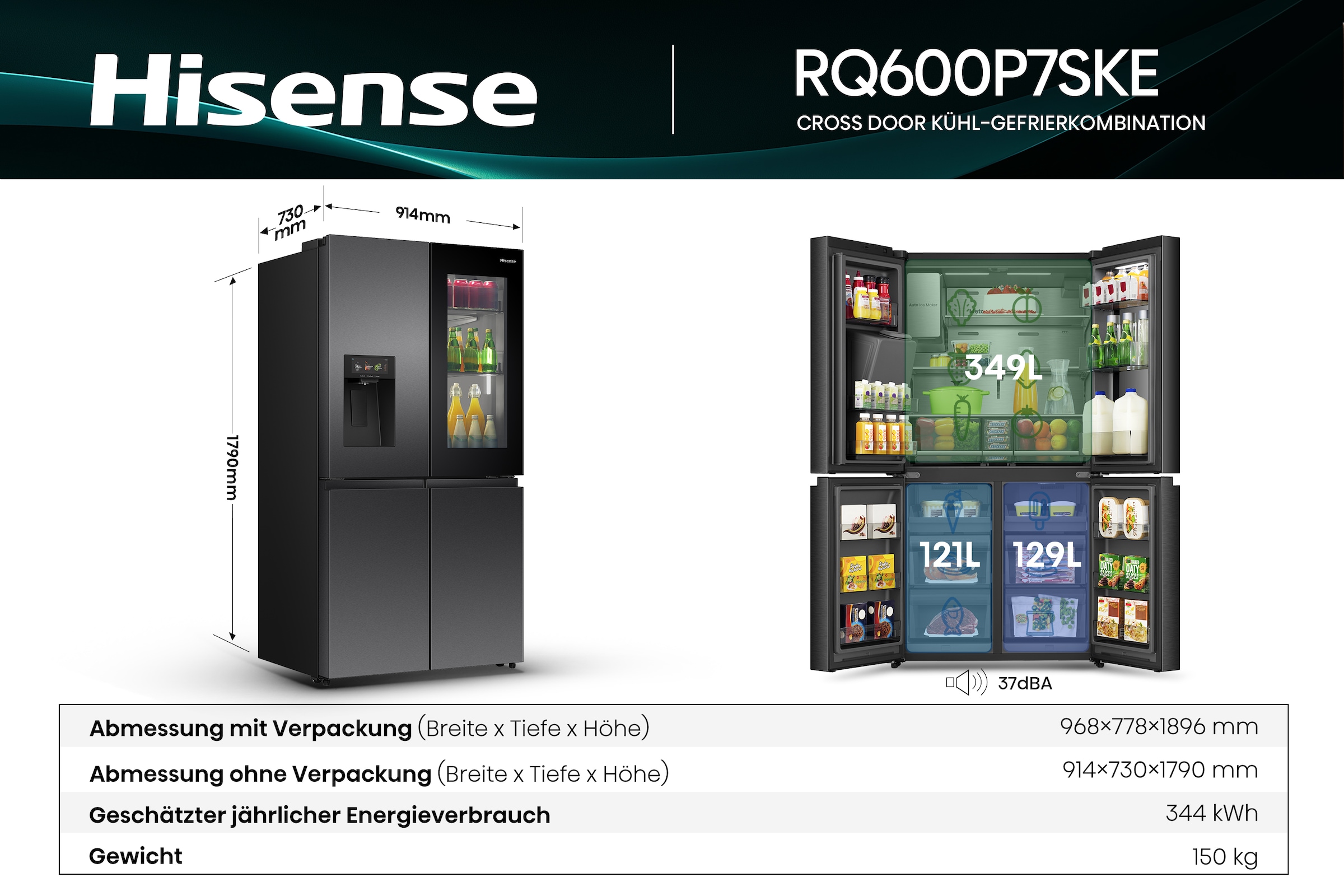 Hisense Multi Door »RQ600P7SKE« 179 cm hoch 91,4 cm breit PureViewDoor - immer sehen was im Kühlschrank ist