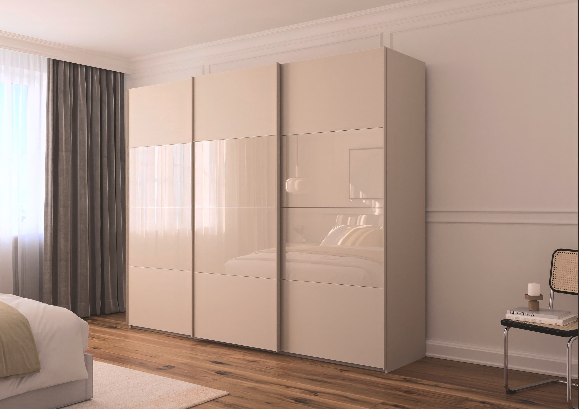 rauch Schwebetürenschrank »Kleiderschrank Schrank Garderobe Schlafzimmerschrank SCALE-FYRA«, edle Türen viergeteilt Glas matt/glänzend viele Farben MADE IN GERMANY