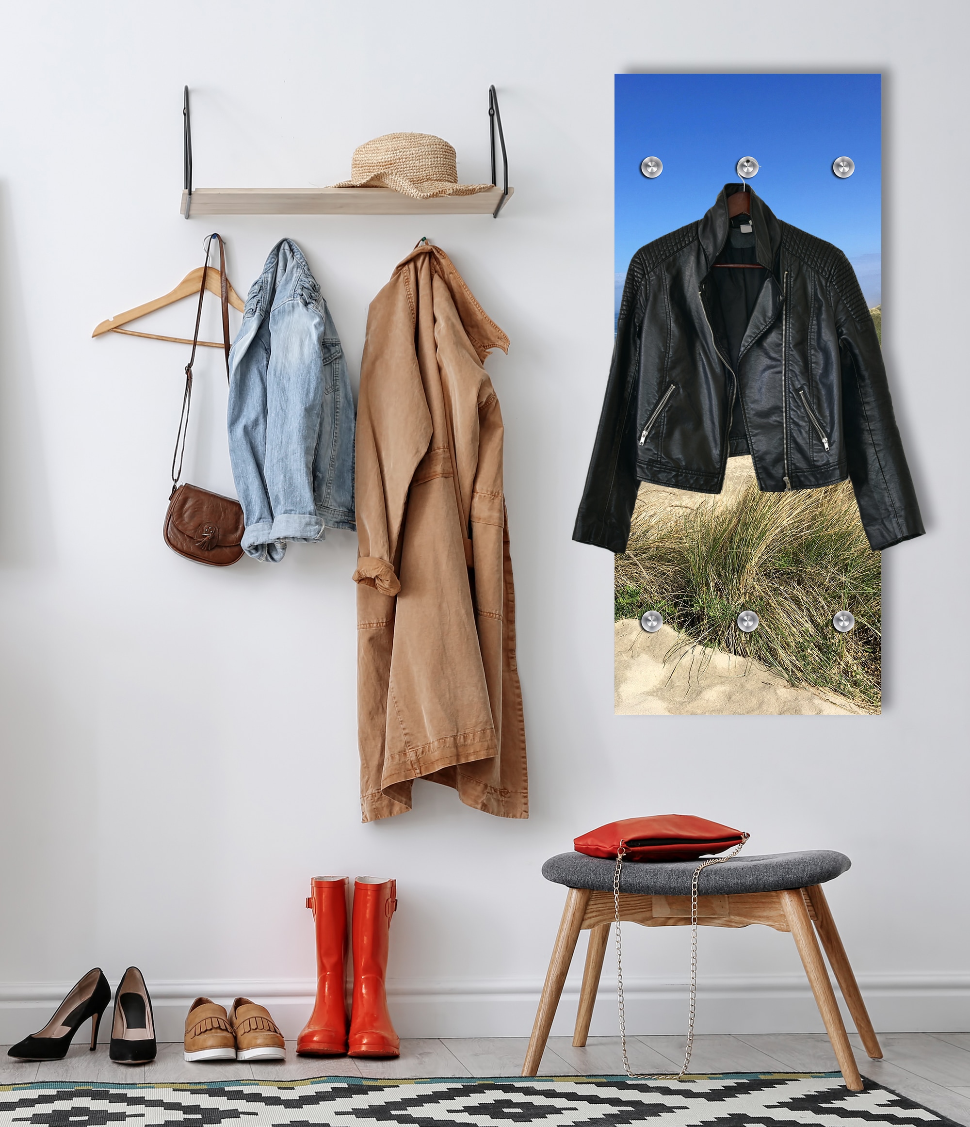 queence Garderobenpaneel »Wandgarderobe mit Motiv Foto Dünen und Gräser inkl. Edelstahlhaken« 1 Stk. tlg. HD Premium Druck auf Acrylglas