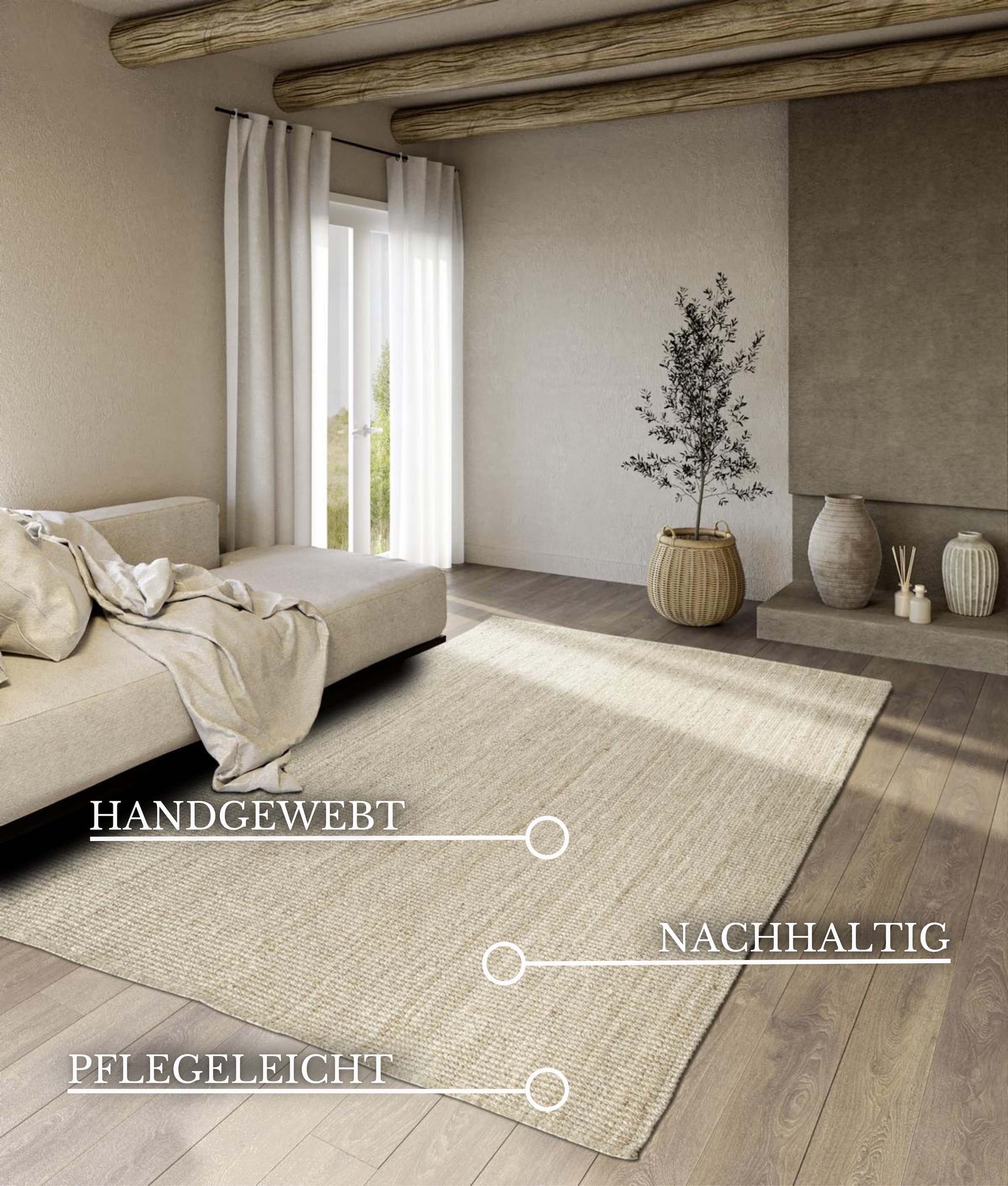 Villeroy & Boch Teppich »Rosalie«, rechteckig, Jute, Natur, Wohnzimmer, Esszimmer, Schlafzimmer, Flur, Modern, Boho