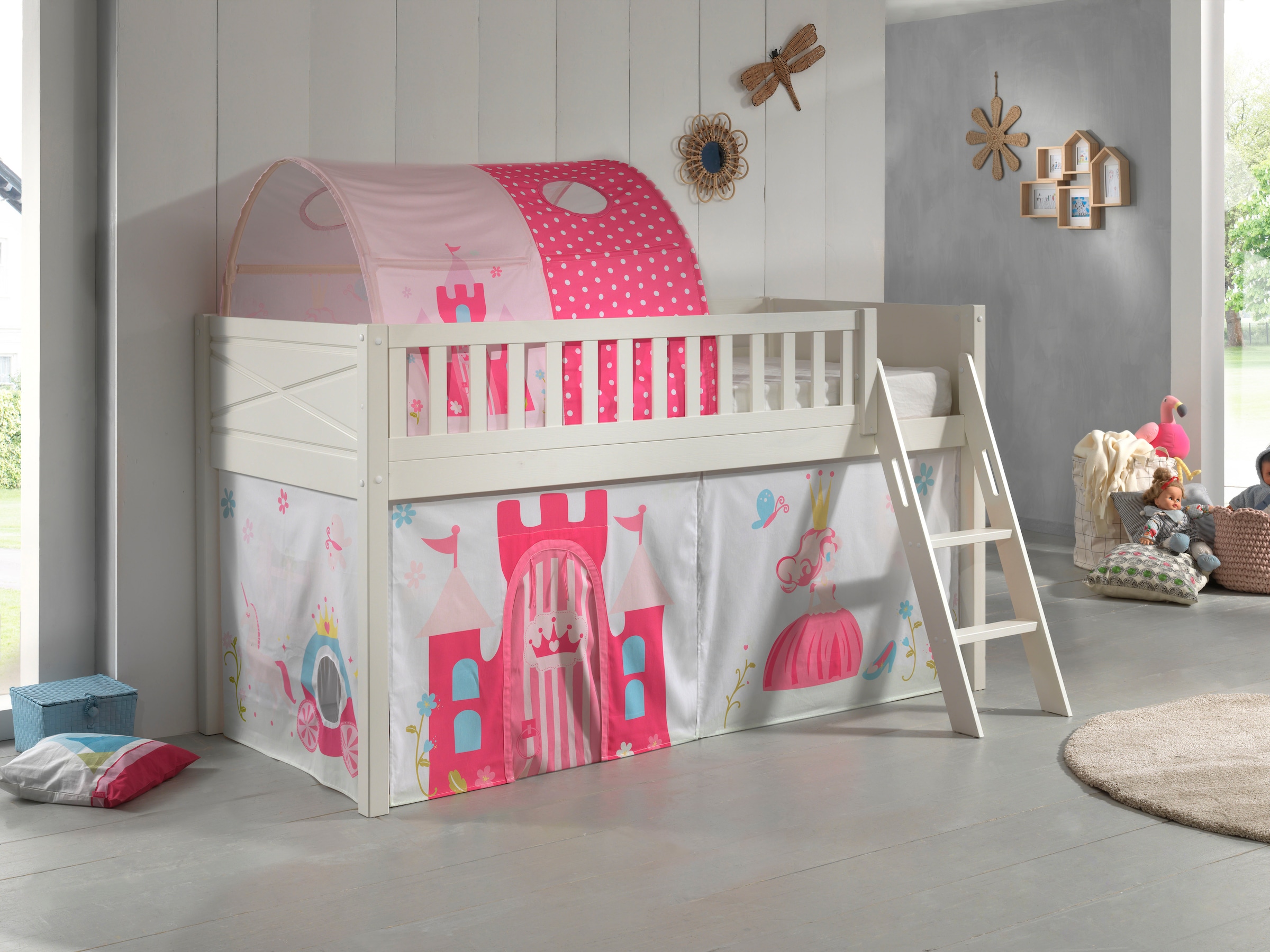 Vipack Hochbett »Scott«, (Made in Europe), mit schräger Leiter, LF 90x200 cm, Vorhang, Tunnel, 4 Designs