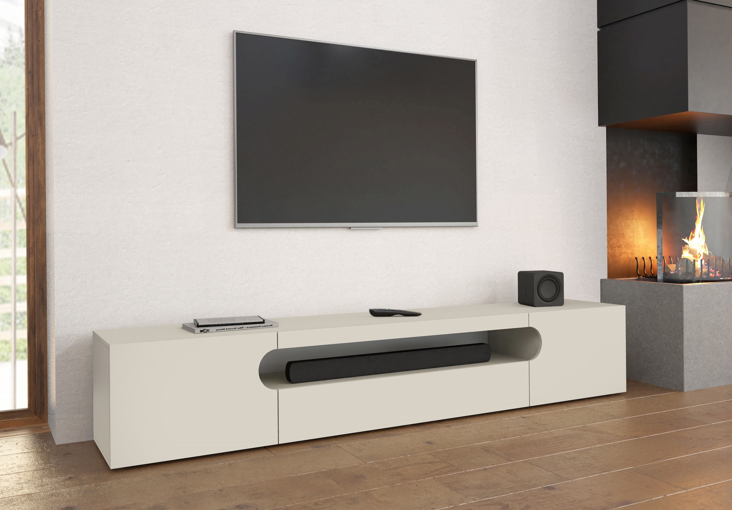 Home affaire Lowboard »REAL TV-Möbel, 240 cm breit, 40/60 cm hoch, Hochglanz oder matt« mit 2 abgerundeten Türen, 1 Klappe, die ein ovales offenes Fach bilden