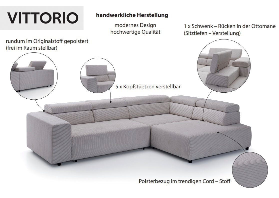 exxpo - sofa fashion Ecksofa »VITTORIO mit Komfortfunktionen, bequem und modern, Cord, L-Form« inkl. Kopfteil- und Sitztiefenverstellung, wahlweise mit Bettfunktion