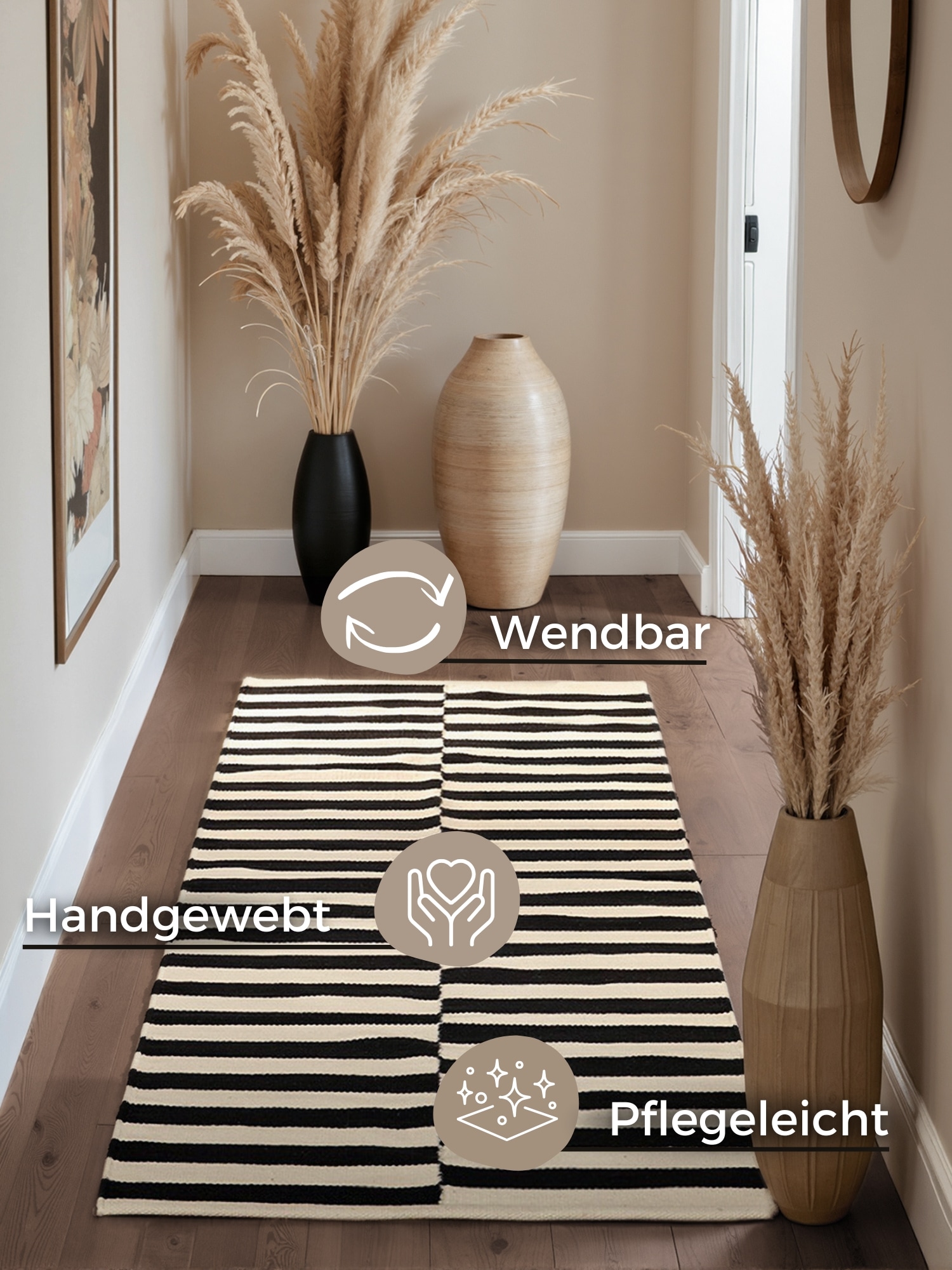 HANSE Home Wollteppich »Donna, schwarz-weiss«, rechteckig, 5 mm Höhe, Handgewebt, Wolle, Natur, Läufer, Wohnzimmer, Schlafzimmer, Streifen
