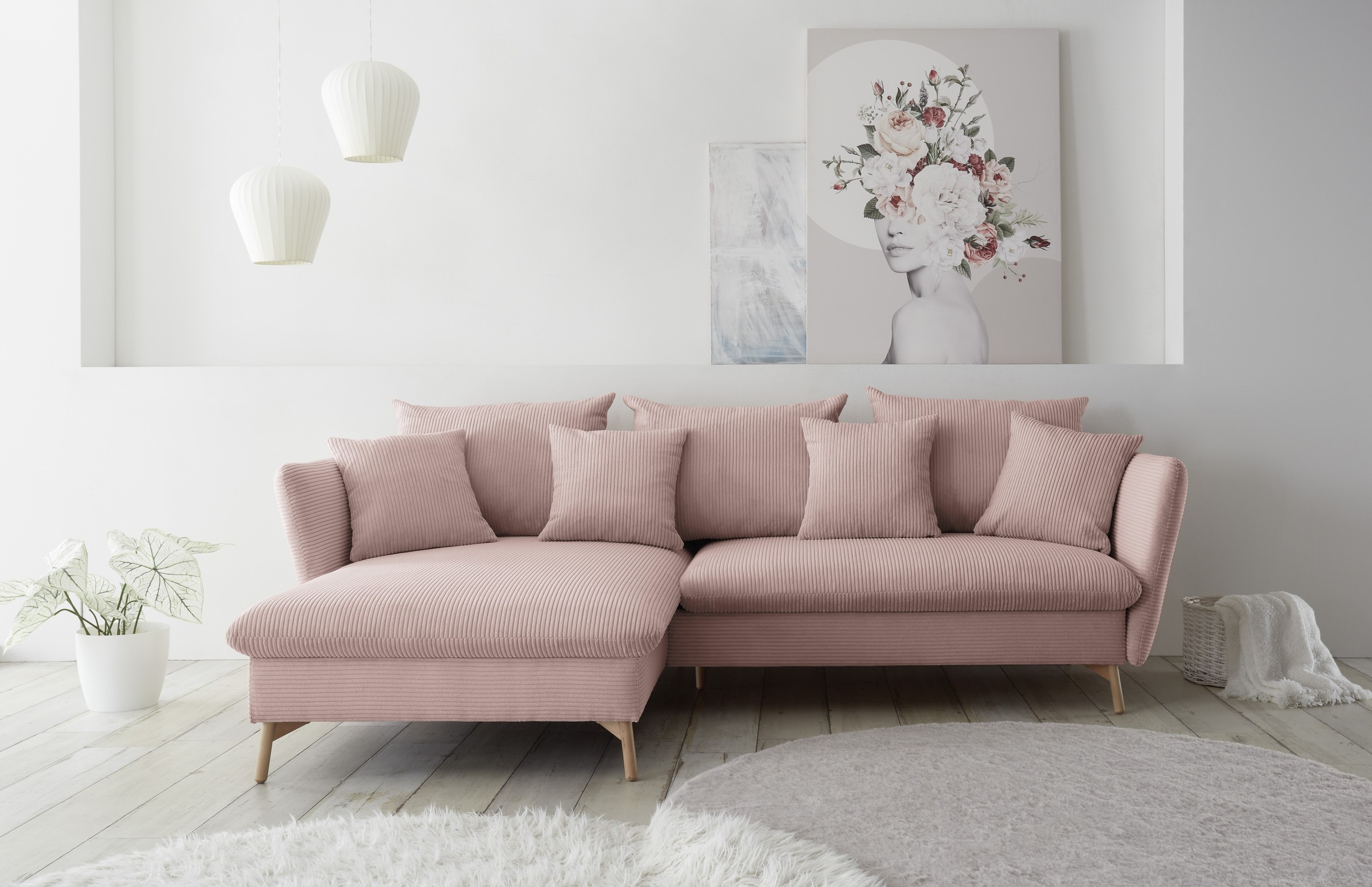 andas Ecksofa »MERLE, 258 cm, L-Form, traumhafter Cord,«, mit Bettfunktion und Bettkasten, Liegefläche 224 x 139