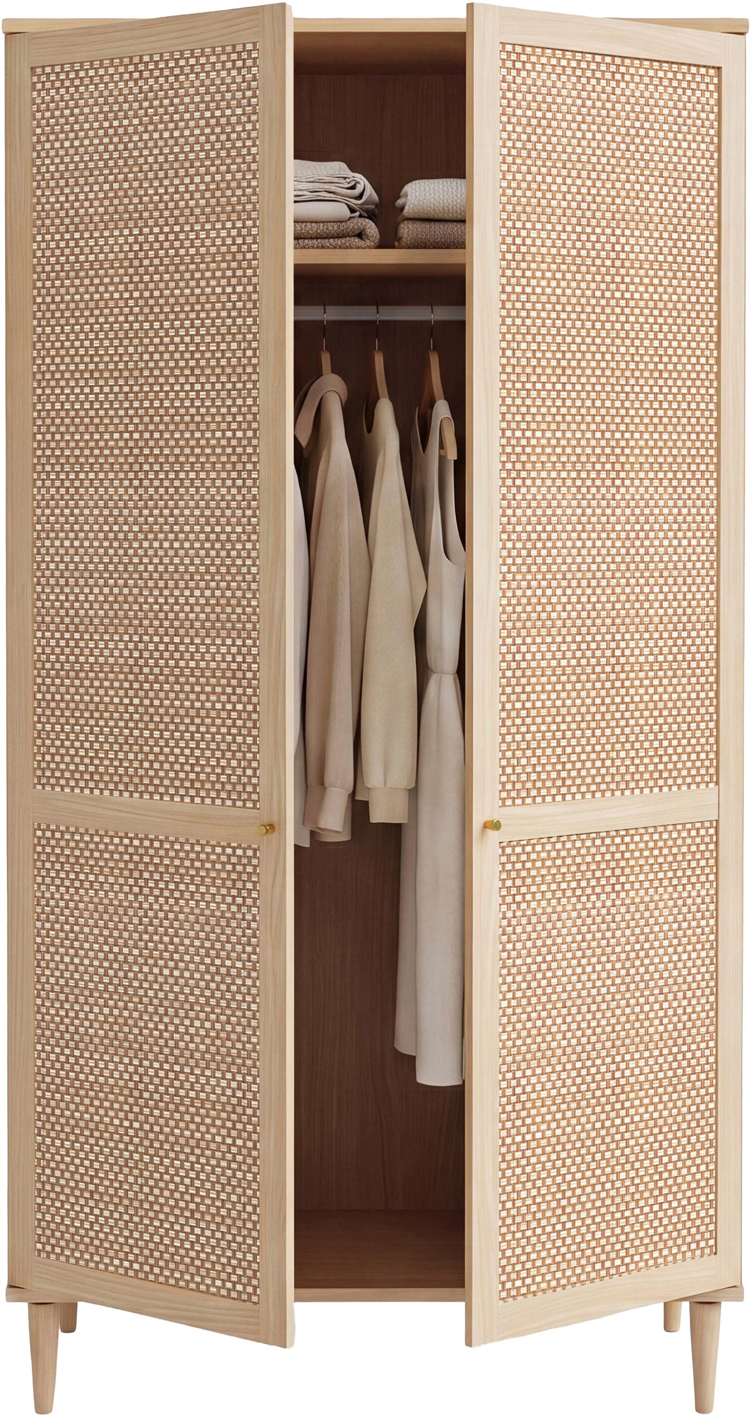 OTTO home Kleiderschrank »ELLIAN mit natürlicher Geflechtoptik und warmem Holzdekor« Holzfüße, Metallgriffe, Made in EU, viel Stauraum, FSC® zertifiziert