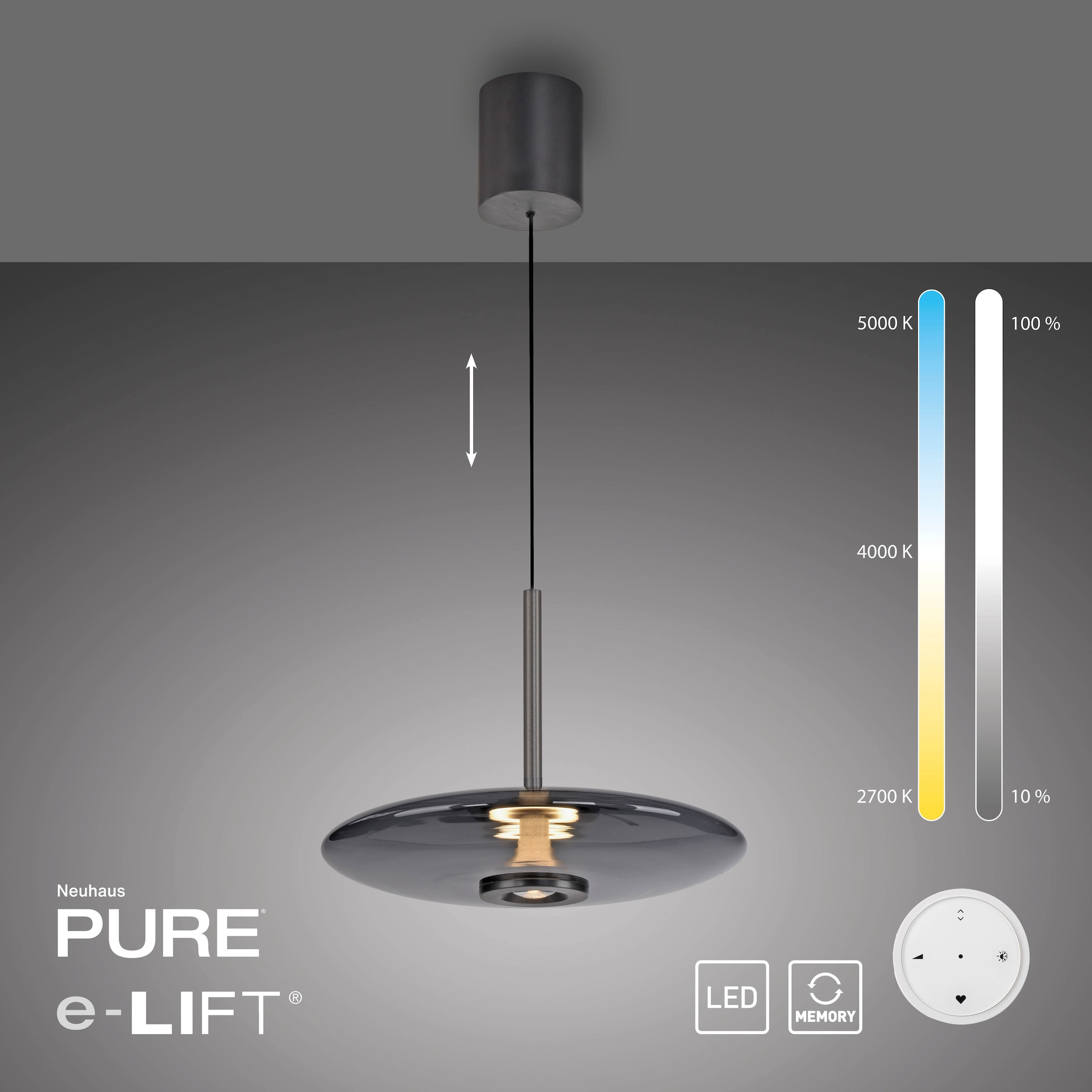 Neuhaus PURE LED Pendelleuchte »PURE E-Vitrum« LED-Board 1 Stk. warmweiß - kaltweiß e-LIFT®-Funktion, CCT, dimmbar über Fernbedíenung
