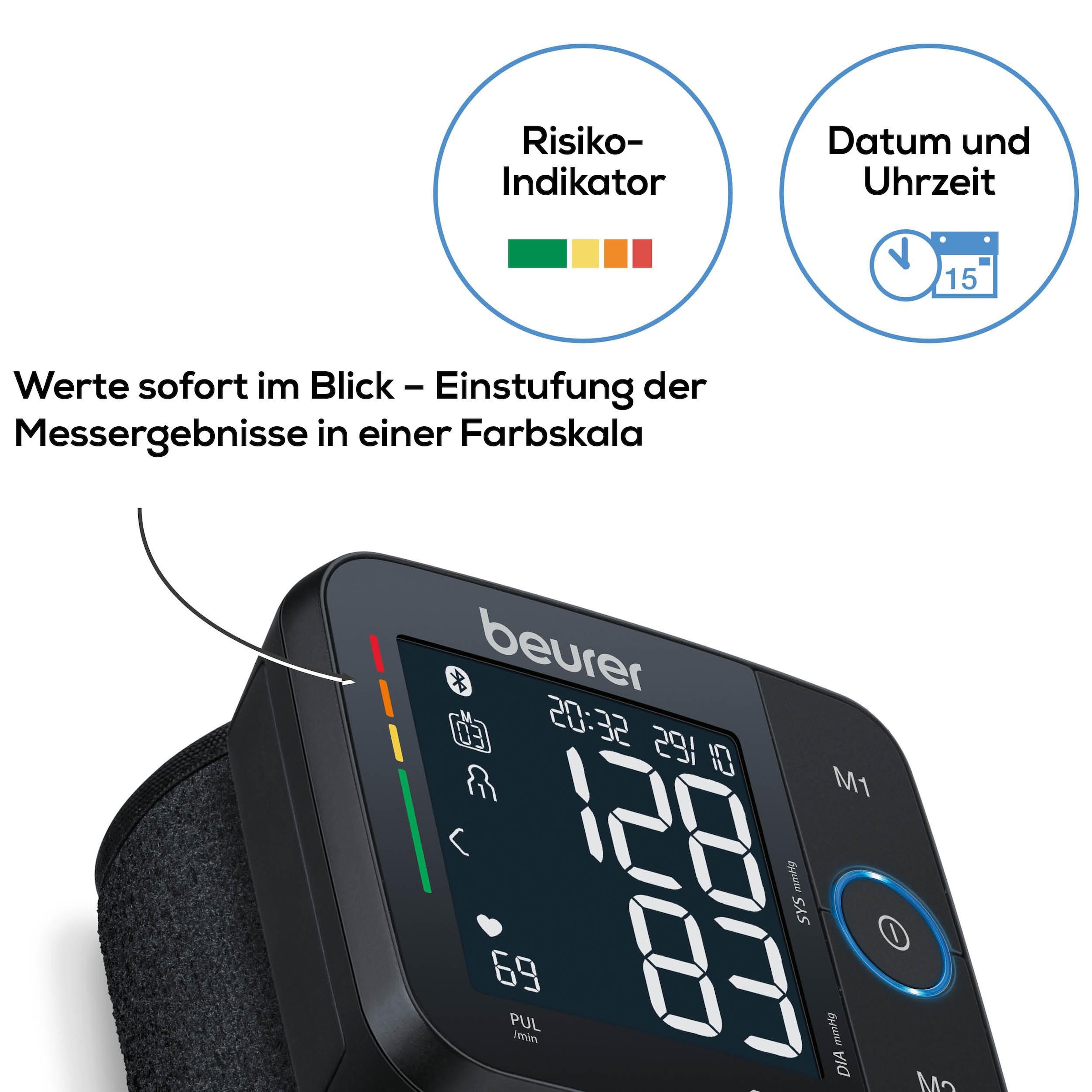 BEURER Handgelenk-Blutdruckmessgerät »BC 54 mit farbigem Risikoindikator und Arrhythmie-Erkennung«, Inkl. Aufbewahrungsbox und Blutdruckpass zur Dokumentation der Werte