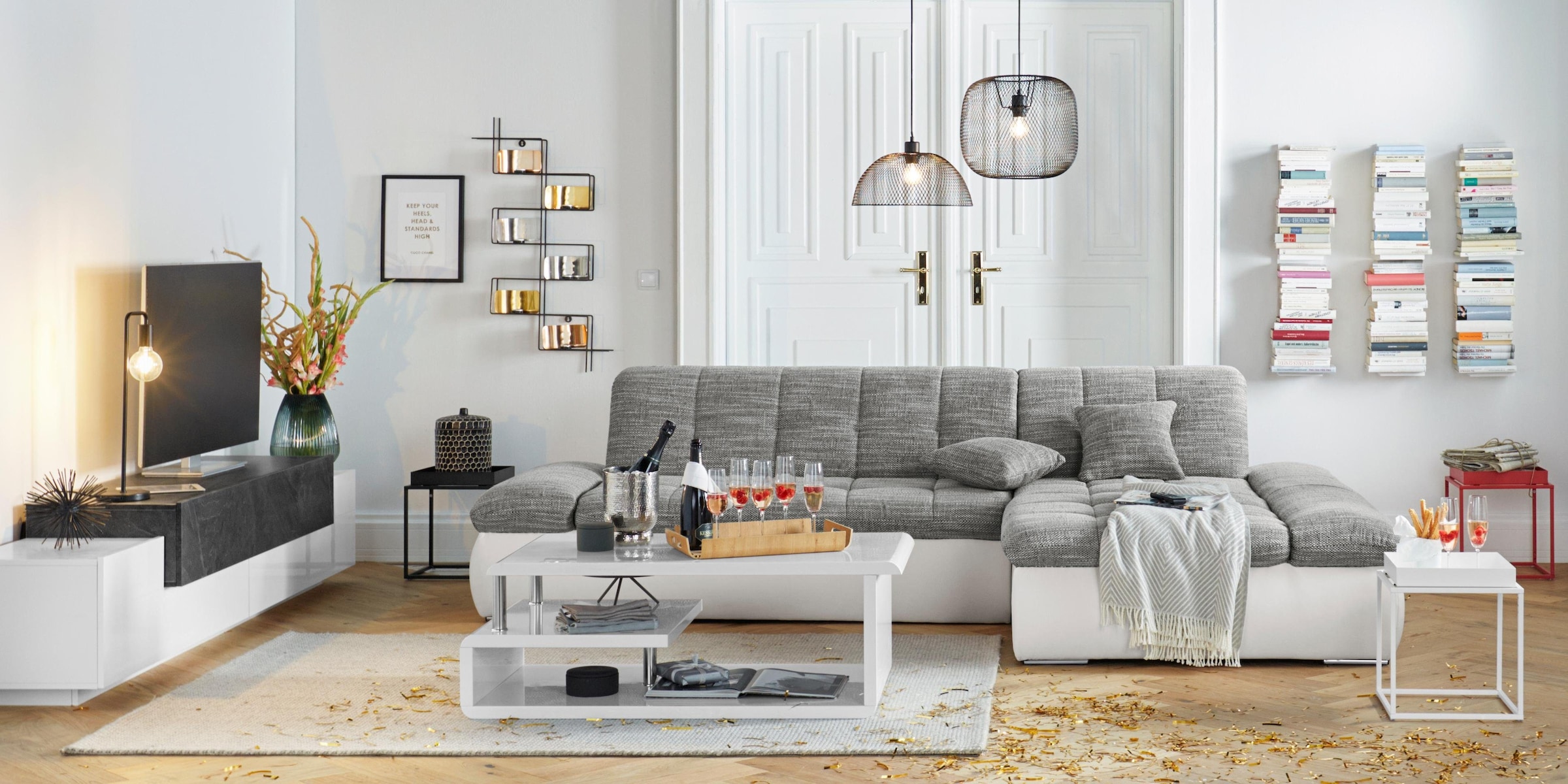 DOMO collection Ecksofa »Moric, L-Form, XXL-Sofa - Breite 300cm«, wahlweise mit Bettfunktion und Armteilverstellung, weiß-grau
