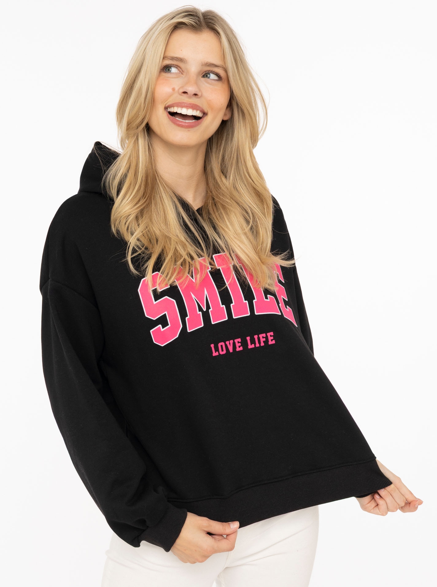 Zwillingsherz Hoodie »"Smile"«, Kapuze, lange Ärmel, elastische Bündchen, großer Neon-Print
