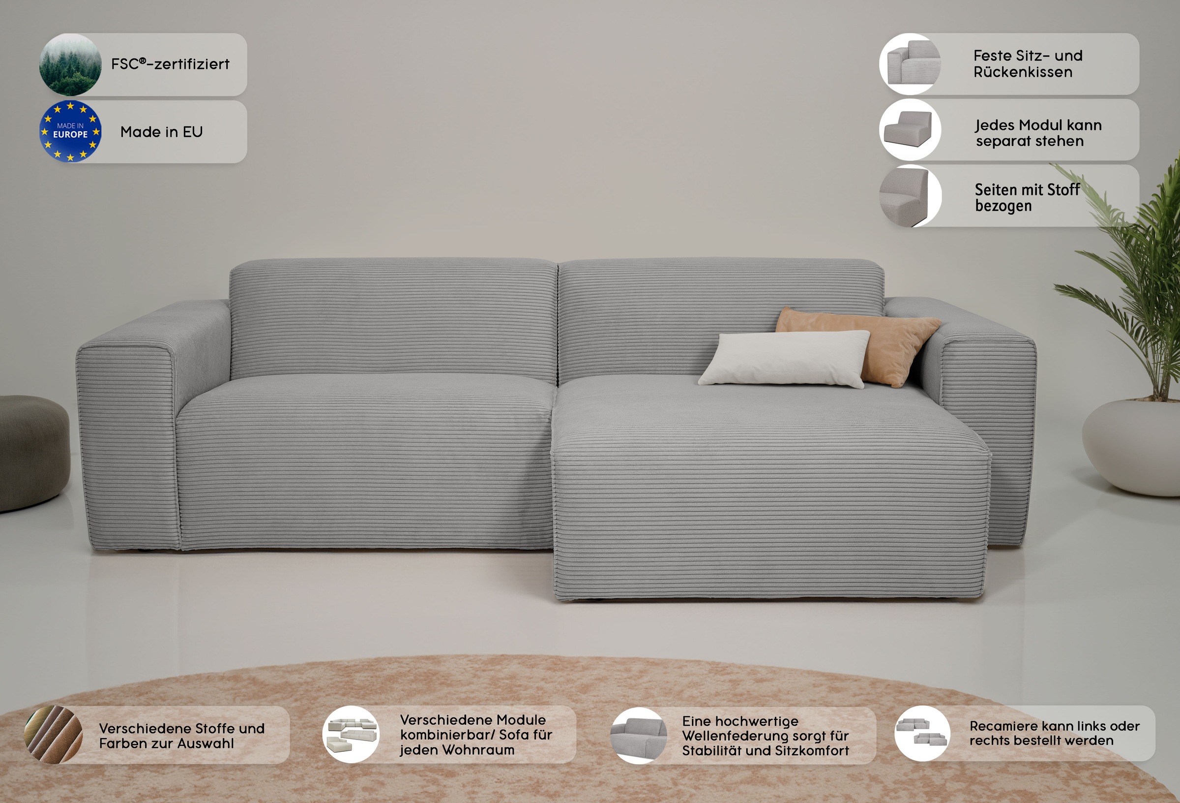 INOSIGN Ecksofa »Koa,228cm, L-Form, Modulsofa, Webstoff, Cord«, Designsofa in Cord, weicher Lounge-Sitzkomfort