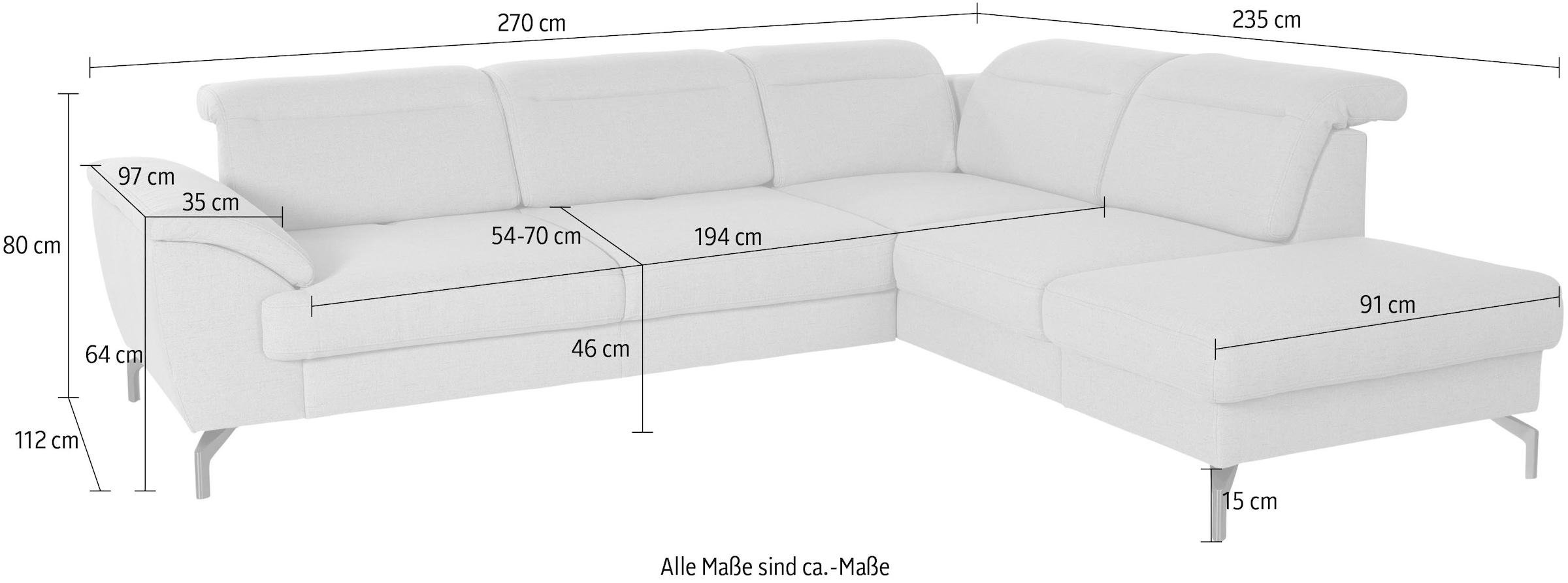 sit&more Ecksofa »Percy L-Form« 15 cm Fußhöhe, Sitztiefenverstellung, wahlweise in 2 Fußfarben