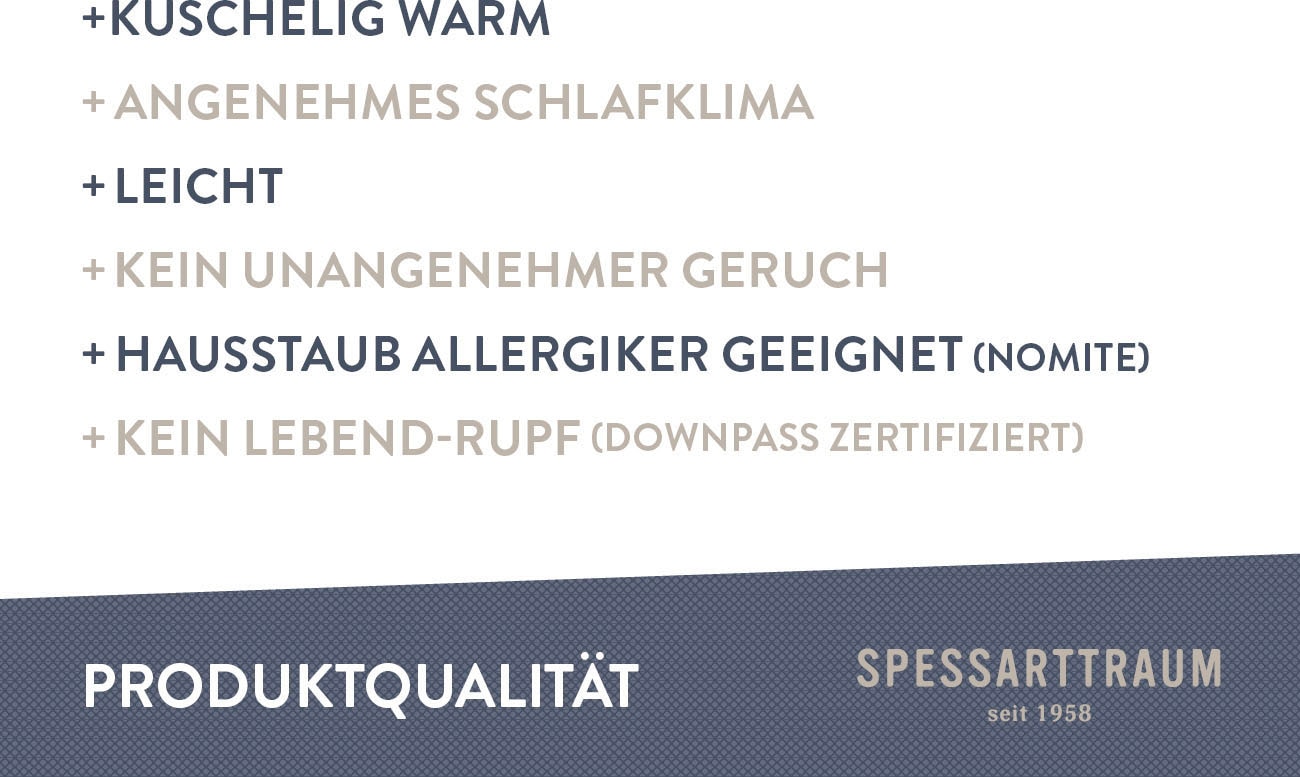 SPESSARTTRAUM Daunenbettdecke »First Class«, extrawarm, Füllung 90% Daunen / 10% Federn, Klasse 1, Downpass zertifiziert, Bezug 100% Baumwolle, nachhaltig (Made in Green), Hausstauballergiker geeignet, (1 St.), 5 Wärmeklassen & 6 Größen, Bestseller