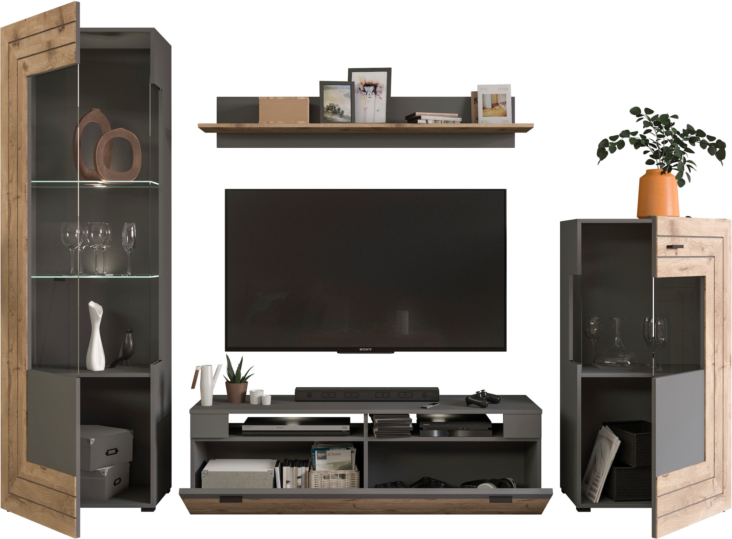 INOSIGN Wohnwand »Aalborg, Breite 290cm, 2-farbig,Metallgriffe, 4-teilig, bestehend aus:«, (4 St.), 1x Vitrine, 1x Lowboard, 1x Wandboard und 1x Stauraumschrank
