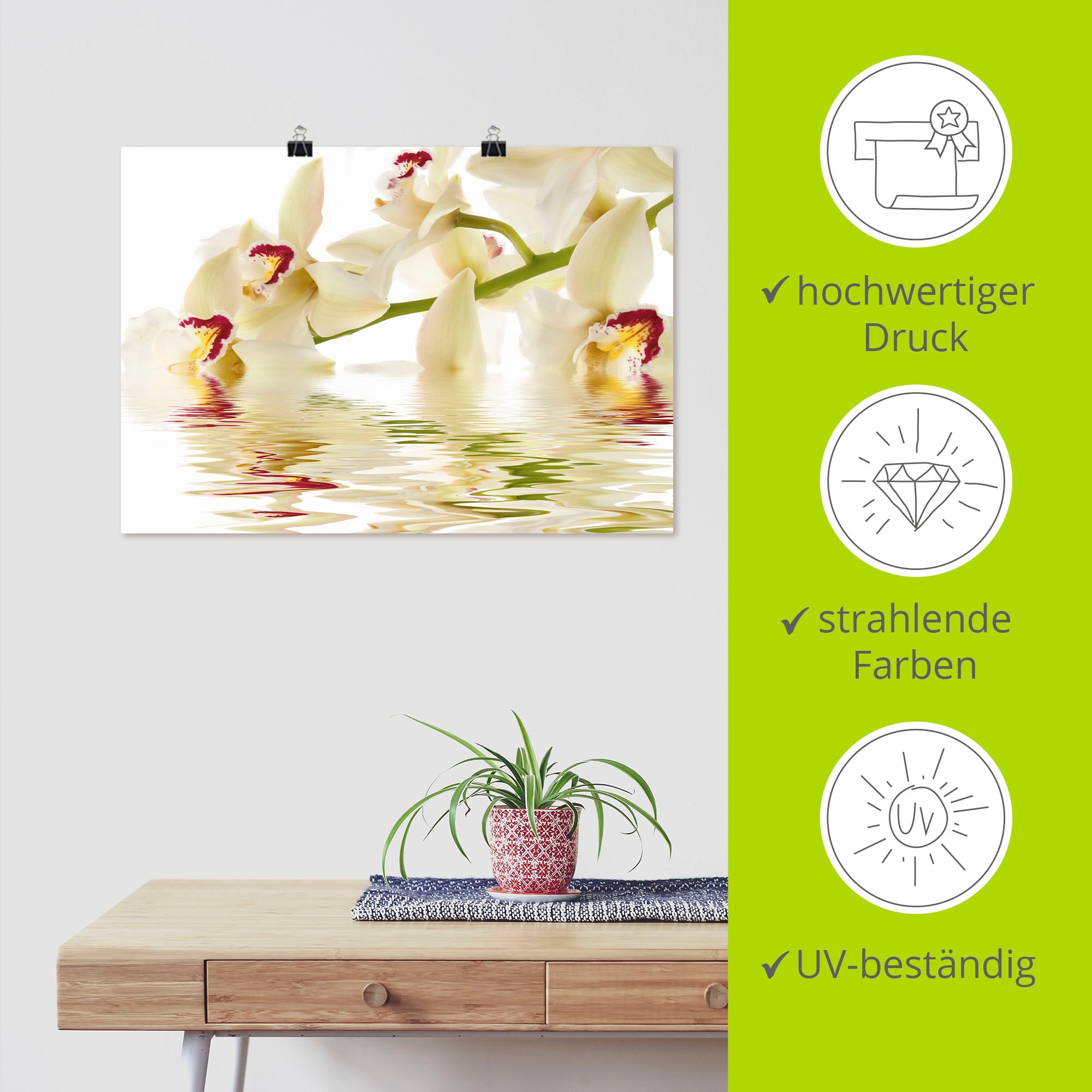 Artland Wandbild »Weiße Orchidee mit Wasserreflektion« Blumen 1 Stk. tlg. als Leinwandbild, Poster in verschied. Größen