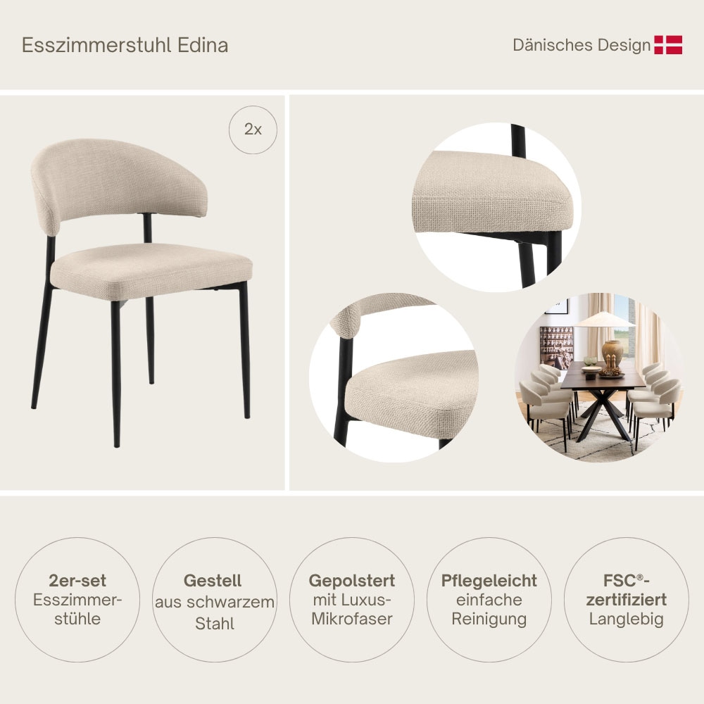ACTONA GROUP Esszimmerstuhl »Edina, 2er-Set, Skandinavisches Design, weicher Stoff, pflechteleicht« () Robuste schwarze Beine, verschiedene Varianten, hervorrangend Komfort
