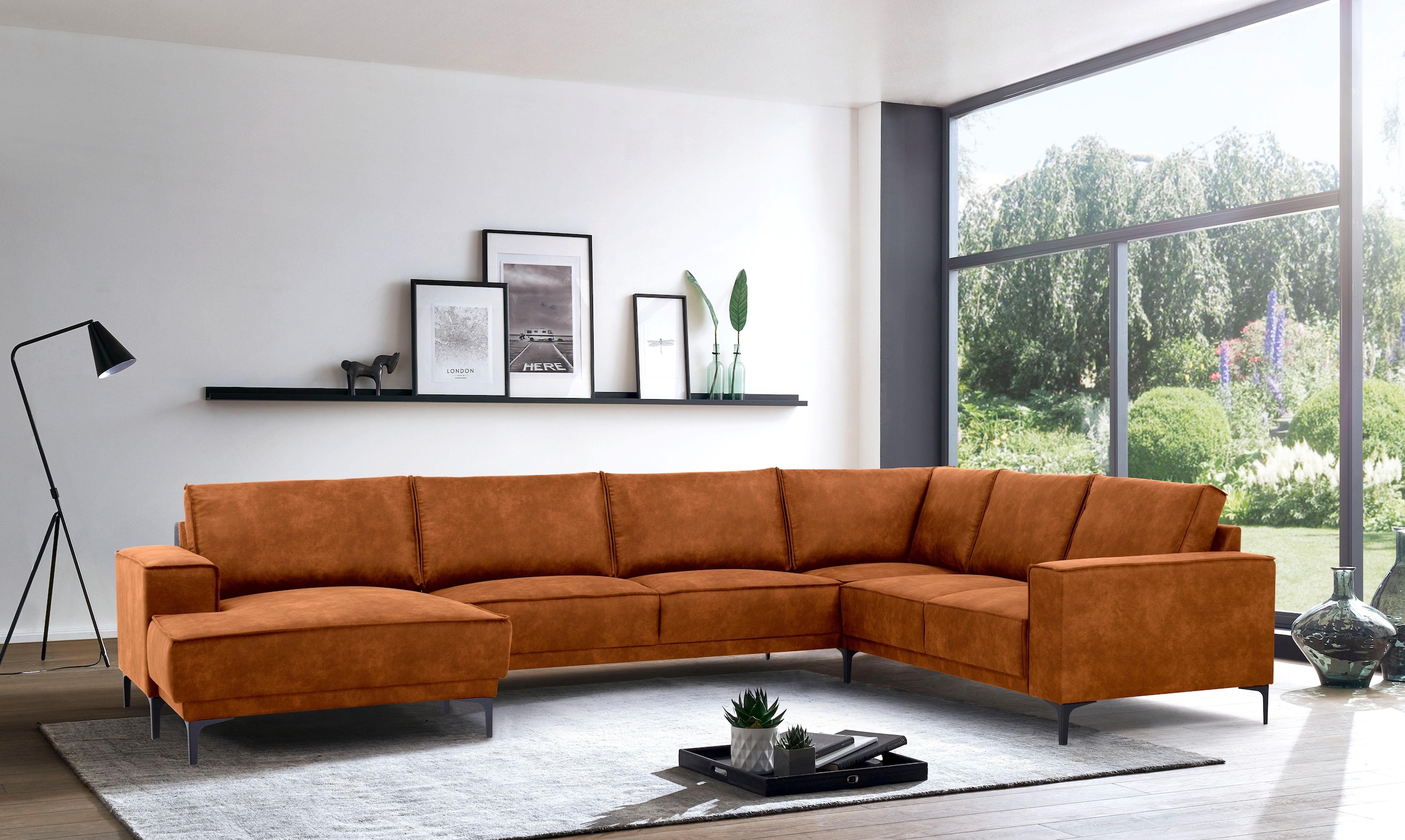 Places of Style Wohnlandschaft »XXL Sofa Oland, Struktur, Flachgewebe, Luxus-Microfaser, Boucle«, U-Form, 342 cm, Wellenunterfederung, Skandi-Design, Metallfüße