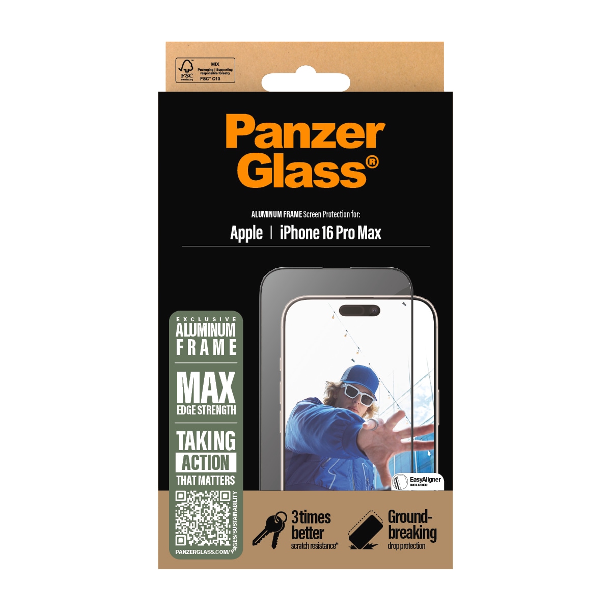 PanzerGlass Displayschutzglas »Aluminum Frame Screen Protection«, für Apple iPhone 16 Pro Max, Displayschutzfolie, Schutzfolie, Bildschirmschutz, kratz- & stoßfest