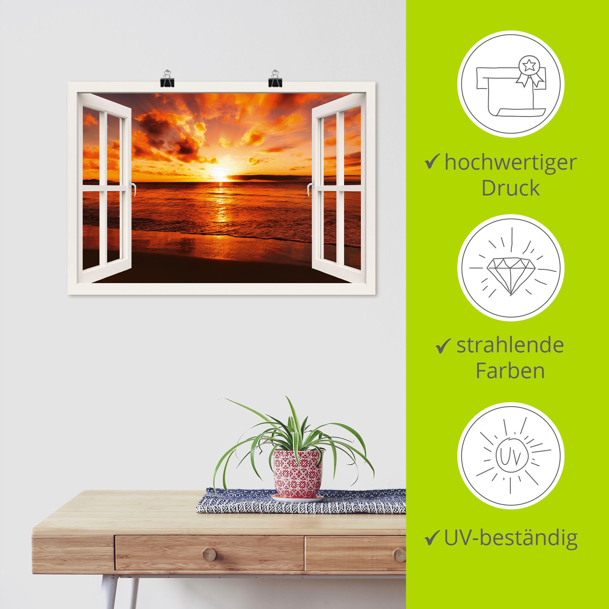 Artland Wandbild »Fensterblick Sonnenuntergang am Strand«, Fensterblick, (1 St.), als Leinwandbild, Poster in verschied. Größen