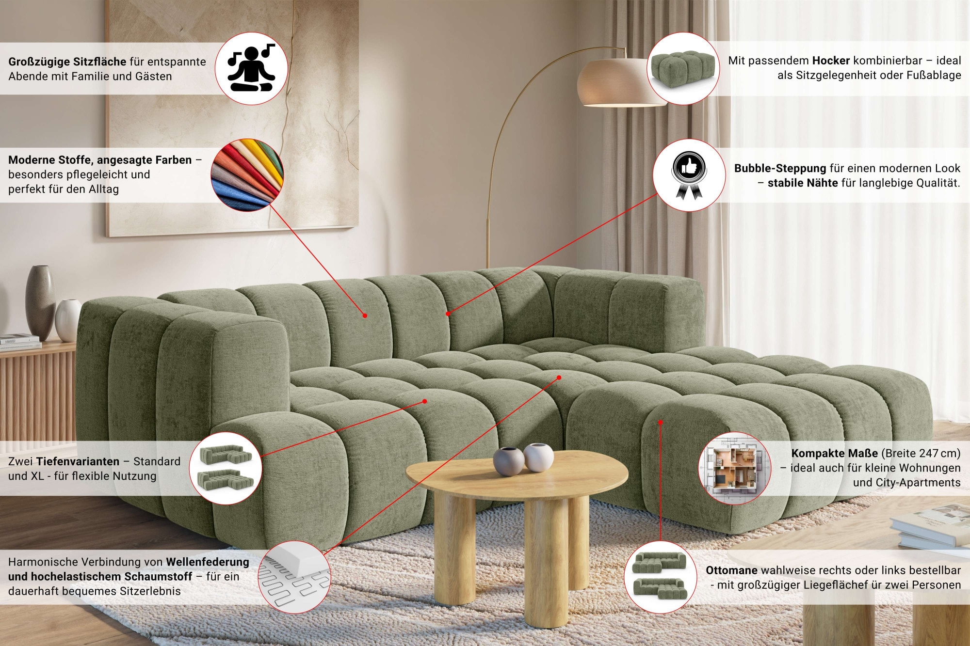homsy by Ana Johnson Ecksofa »»XL« BOUBELLE L-Form extra tief, Design: Bubble-Optik, Breite 247cm« hoher Sitzkomfort dank Wellenunterfederung, XL Sitztiefe 100 cm